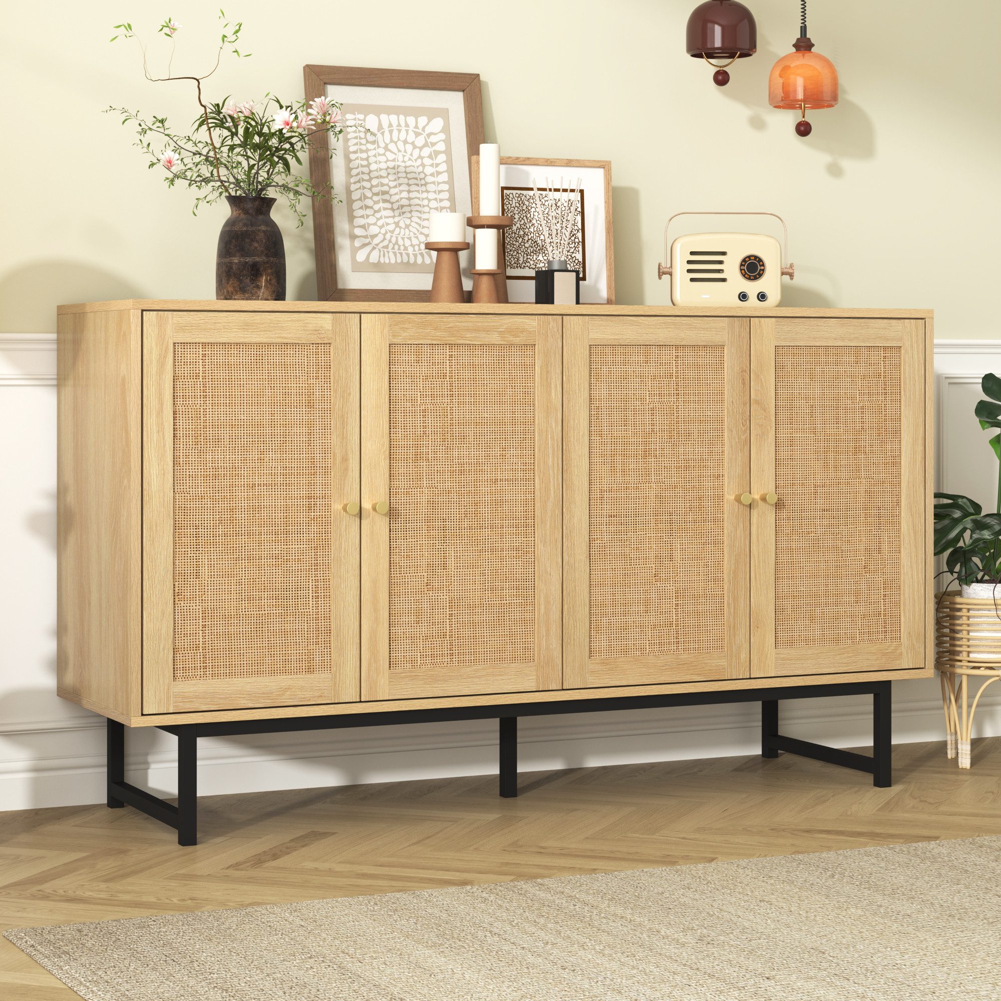 Merax Sideboard mit 4 Rattantüren, Aufbewahrungsschrank Rattan geflecht Anr günstig online kaufen