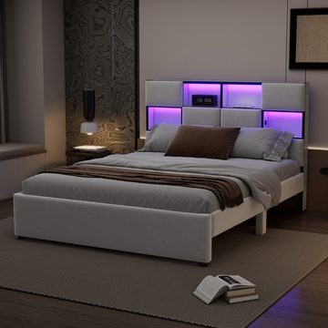 OKWISH Polsterbett Flachbett, verstellbares Umgebungslicht (mehrere Ablagefächer an der Seite des Bettes, USB-Anschluss 140x200 cm), ohne Matratze