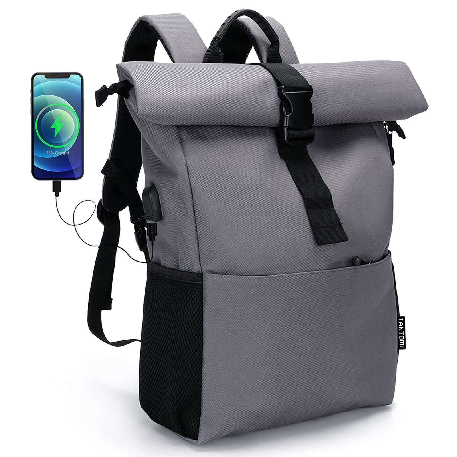 TAN.TOMI Freizeitrucksack Arbeitsrucksack Groß Damen lässiger Rolltop Rucksack Herren Backpack, mit Laptopfach bis 15,6 zoll und externen USB-Anschluss
