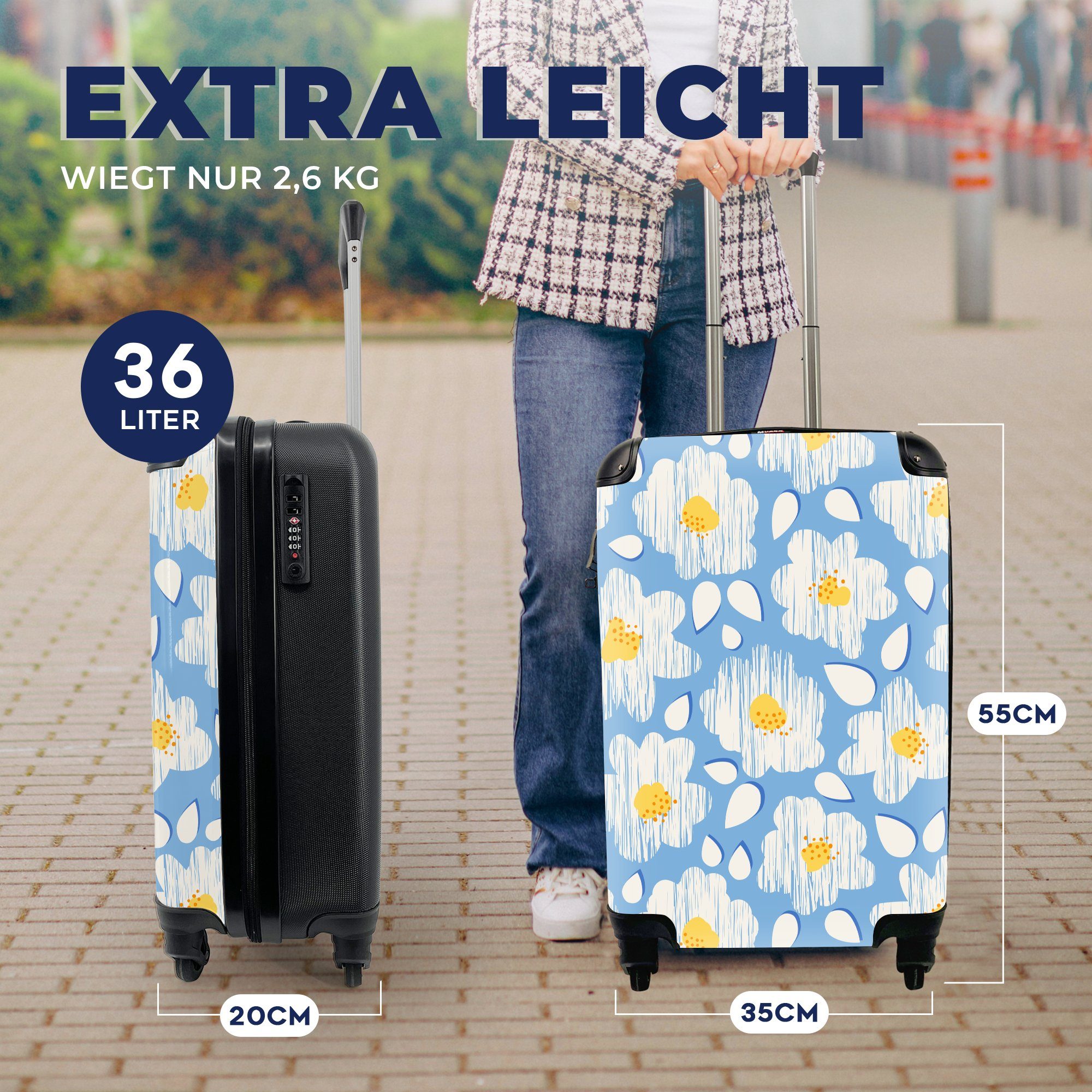 MuchoWow Reisekoffer Muster Kinder - für Kinder Blau - mit - Rollen, Blumen Kind, Handgepäckkoffer - - Reisetasche 4 - Mädchen rollen, Mädchen Ferien, Handgepäck Trolley, -