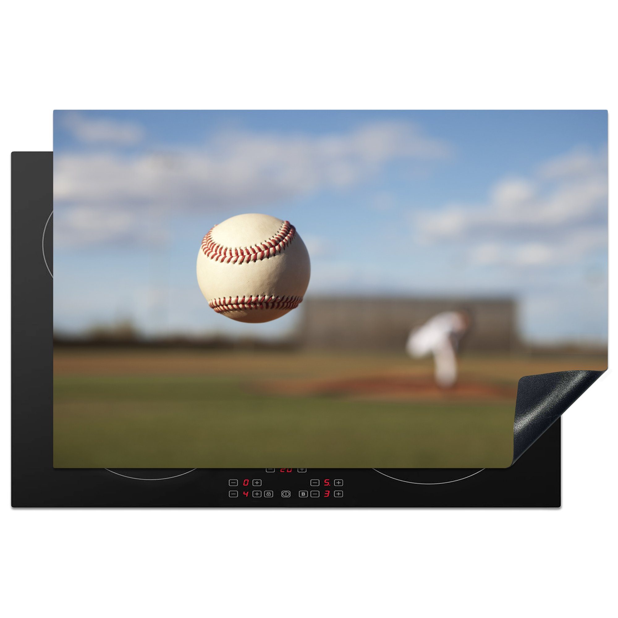 MuchoWow Herdblende-/Abdeckplatte Ein schön geworfener Baseball durch den Pitcher, Vinyl, (1 tlg), 81x52 cm, Induktionskochfeld Schutz für die küche, Ceranfeldabdeckung