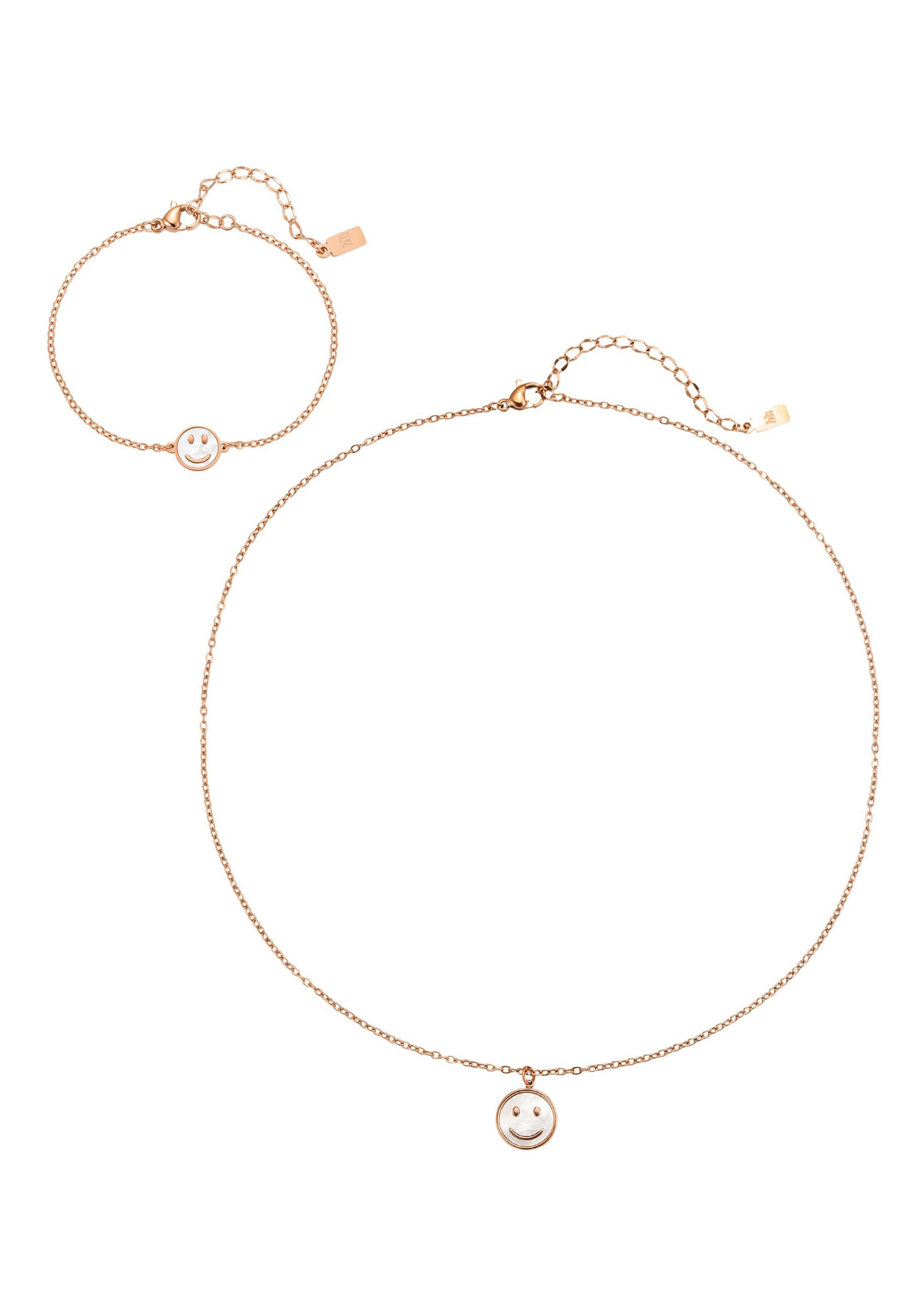 Hey Happiness Ketten und Armband Set Smiley Joy, 2er Schmuckset, Verspieltes Damen Schmuck mit Happy Smiley & Muschel Charm