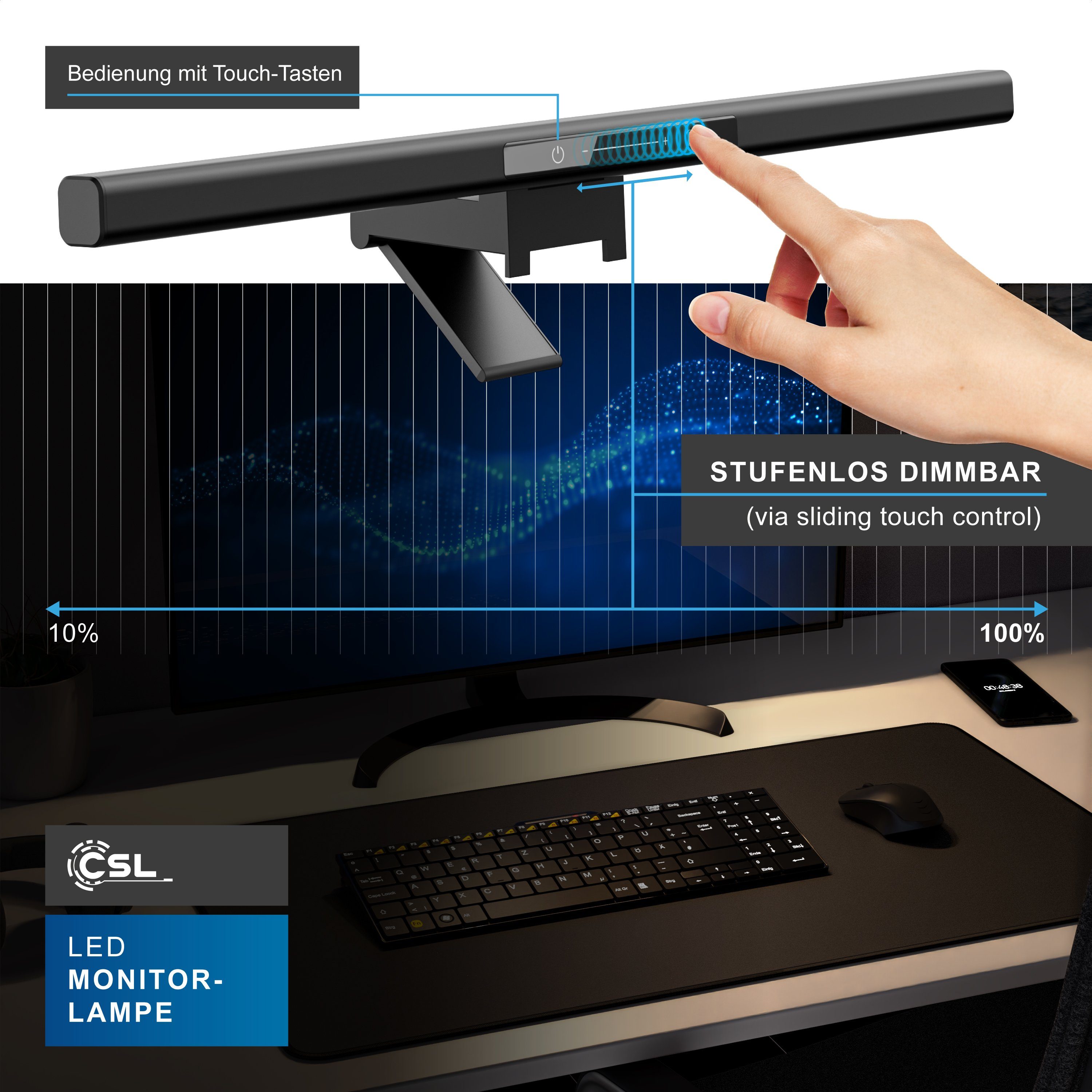 CSL Schreibtischlampe LED Monitor Lampe, Screenbar dimmbar, Monitorlampe, Leuchte, LED Monitorlampe, Bildschirmlampe mit Dimmfunktion, Ein-/Ausschalter, Mehrere – Bild 3 von 5