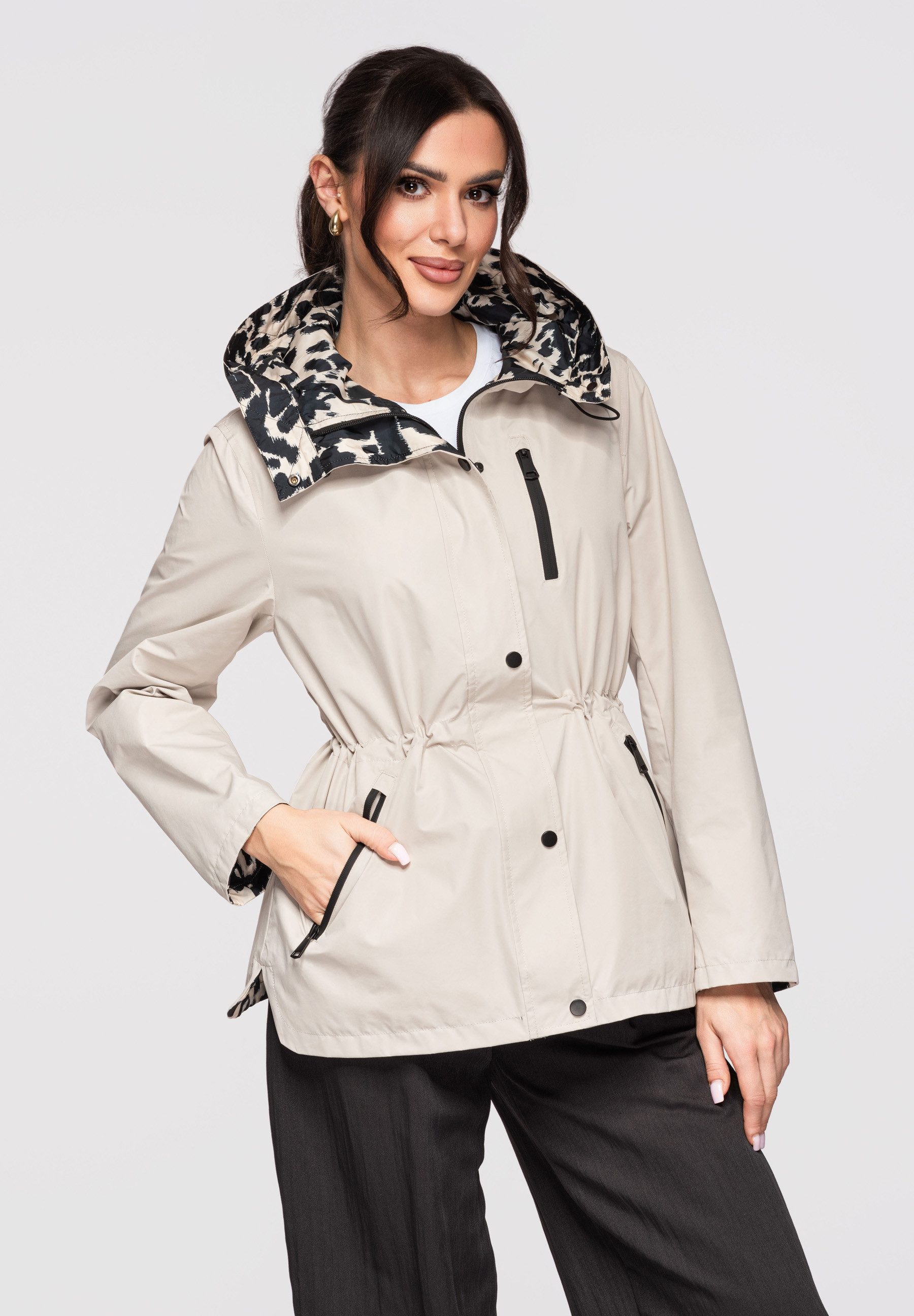 Doppeljacke Wendbare Damen-Übergangsjacke mit Kapuze und Taillenregulierung
