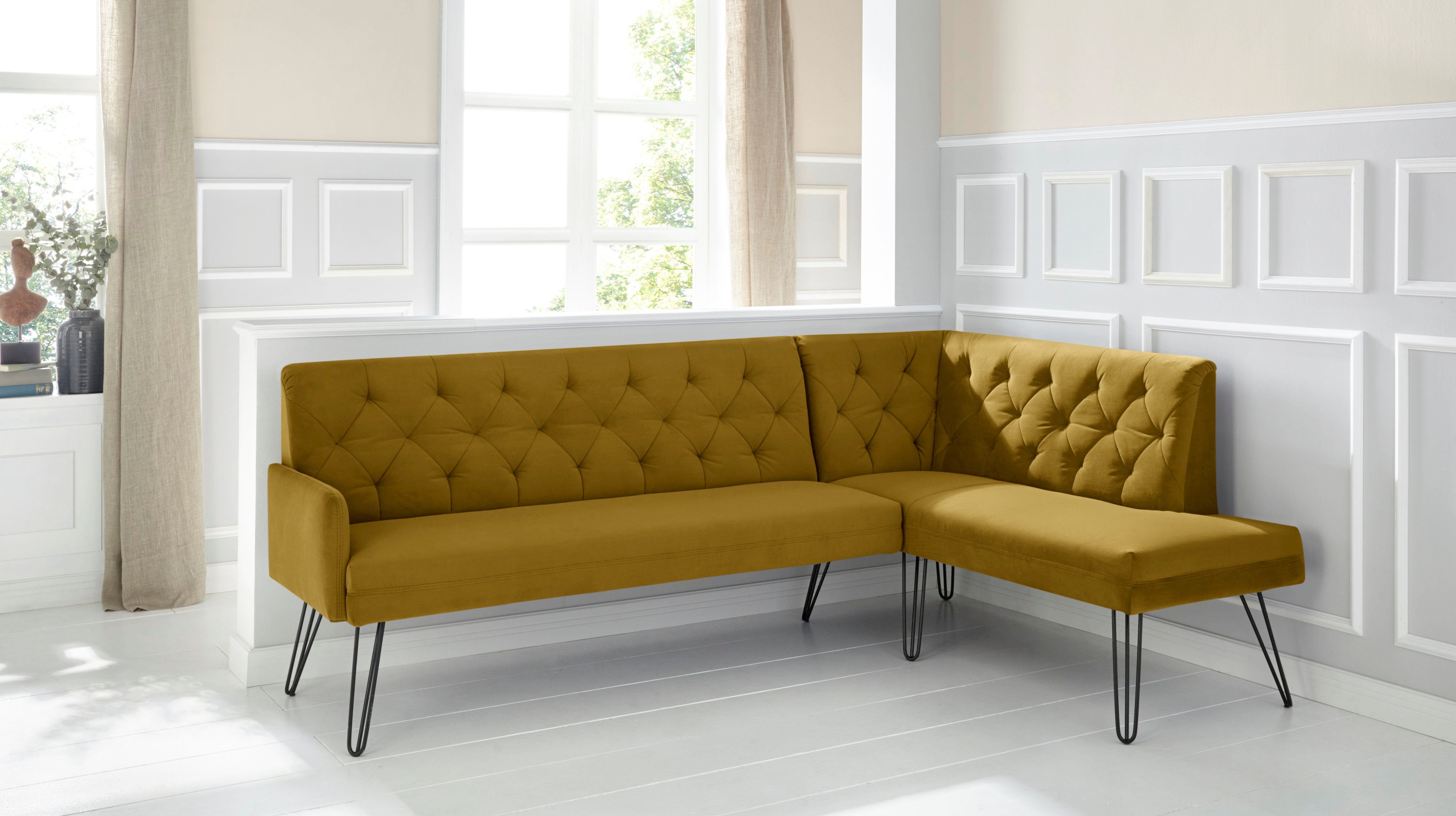 exxpo - sofa fashion Eckbank Doppio, Chesterfield Optik, komfortabel und bequem, hohe Designfüße, Frei im Raum stellbar