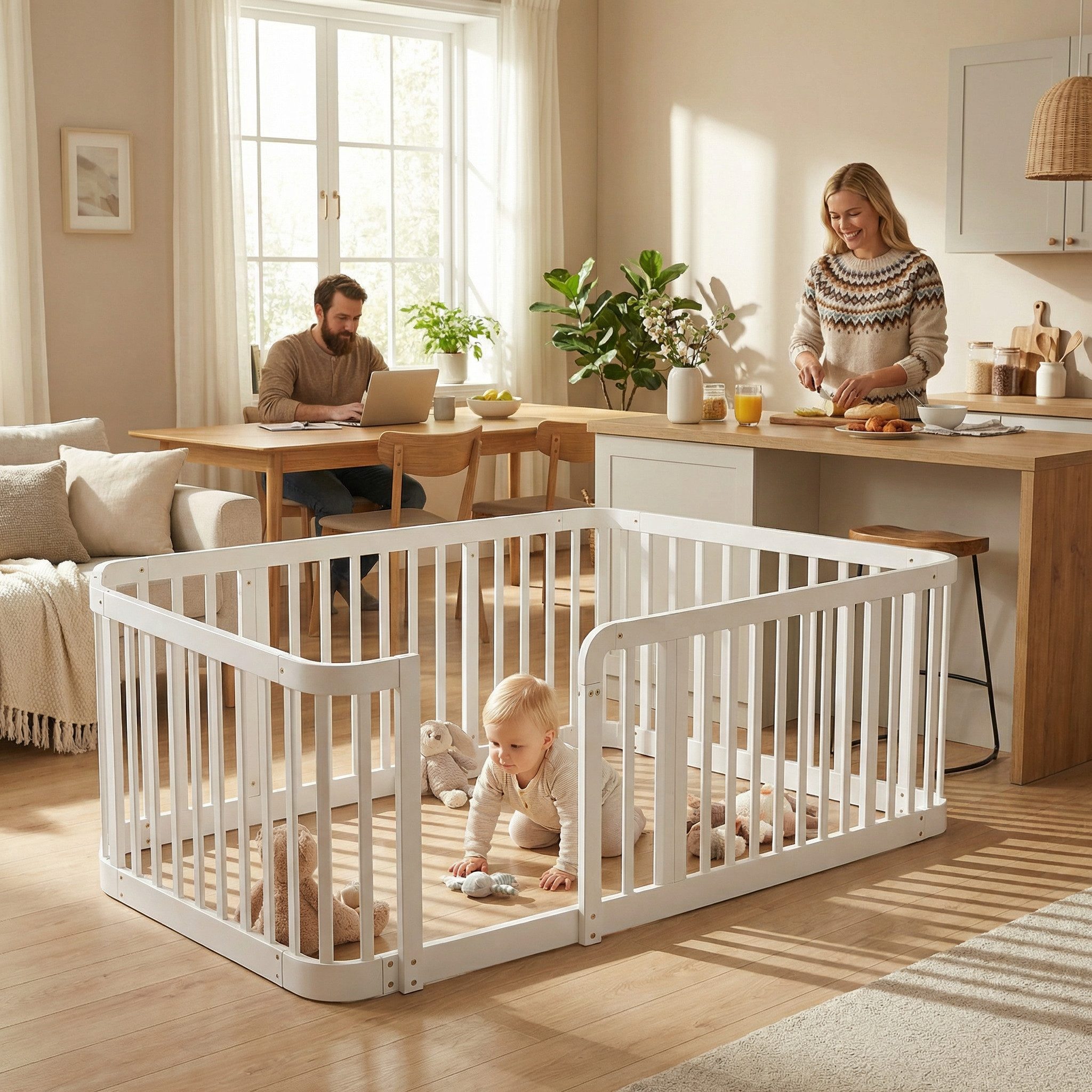 ibettertec Laufgitter Modularer Baby Laufstall aus Massivholz, 140x200 cm (7cm Safe Bar Spacing, Rounded Edges, Anti-Pinch Floor Design, Multi-Scene Baby Safety Gate for Home & Pet)