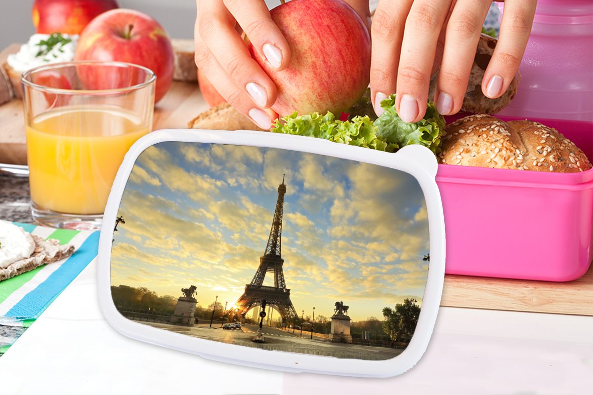 Lunchbox Brotdose für Brotbox mit Himmel Mädchen, rosa Snackbox, einzigartigen Kinder, Kunststoff, aufgrund, Der MuchoWow Kunststoff Erwachsene, orangefarbenen einem Eiffelturm (2-tlg),