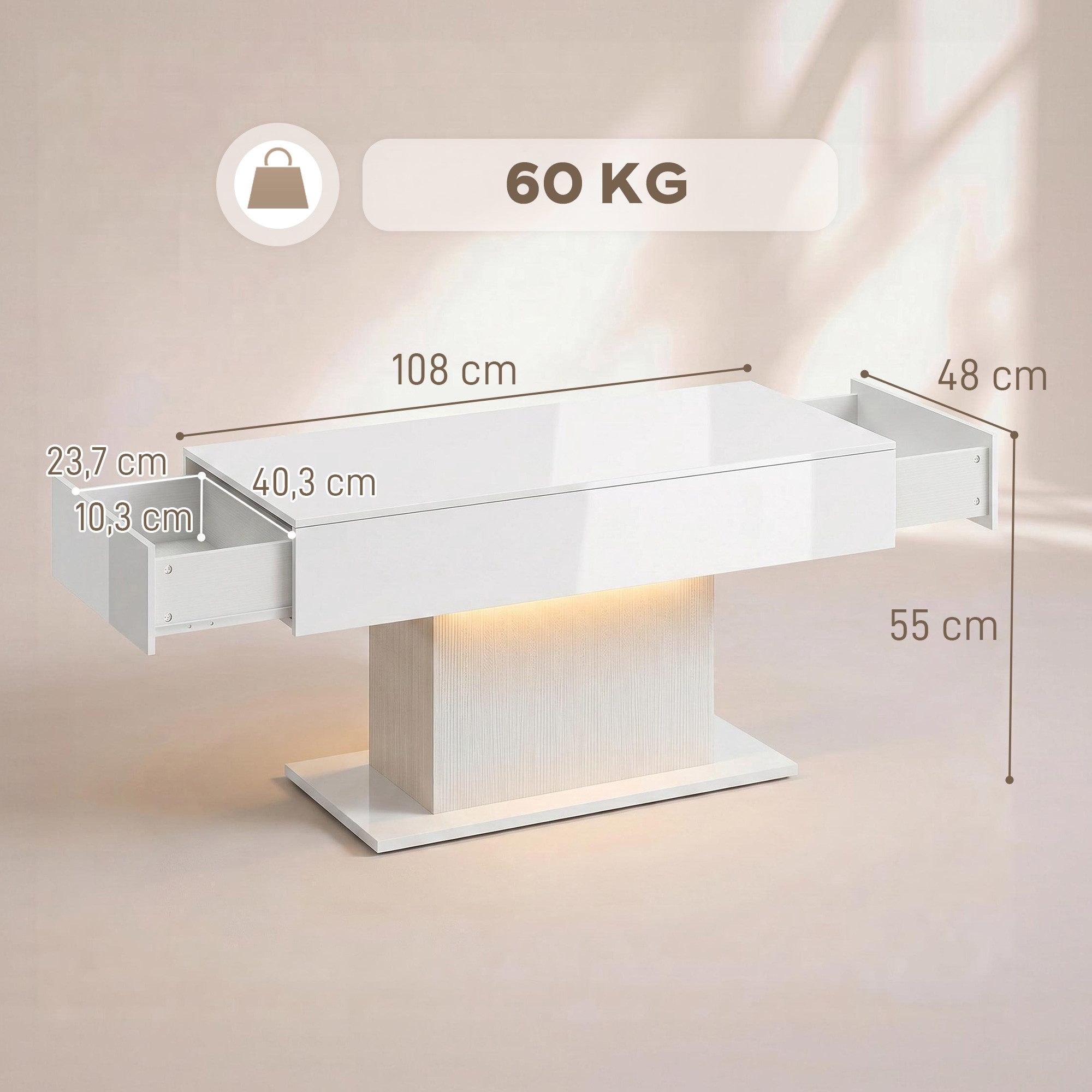 HOMCOM Couchtisch Wohnzimmertisch Kaffeetisch mit Fernbedienung 108x48x55cm Weiß (Kaffeetisch, 1-St., 1 Tisch), für Wohnzimmer, 108 x 48 x 55 cm Weiß