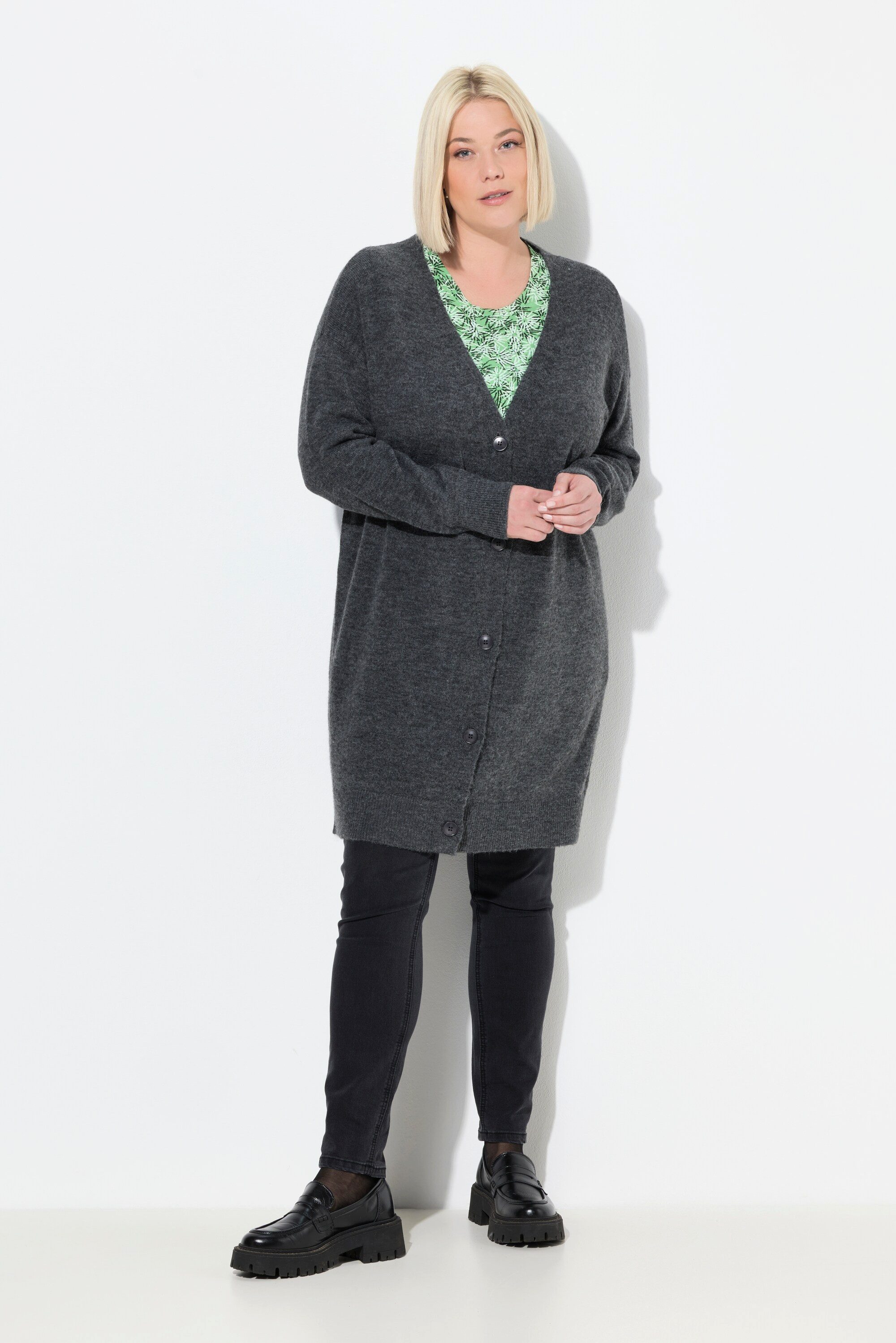 Ulla Popken Strickjacke Strickjacke Boxy Fit V-Ausschnitt Knopfleiste günstig online kaufen
