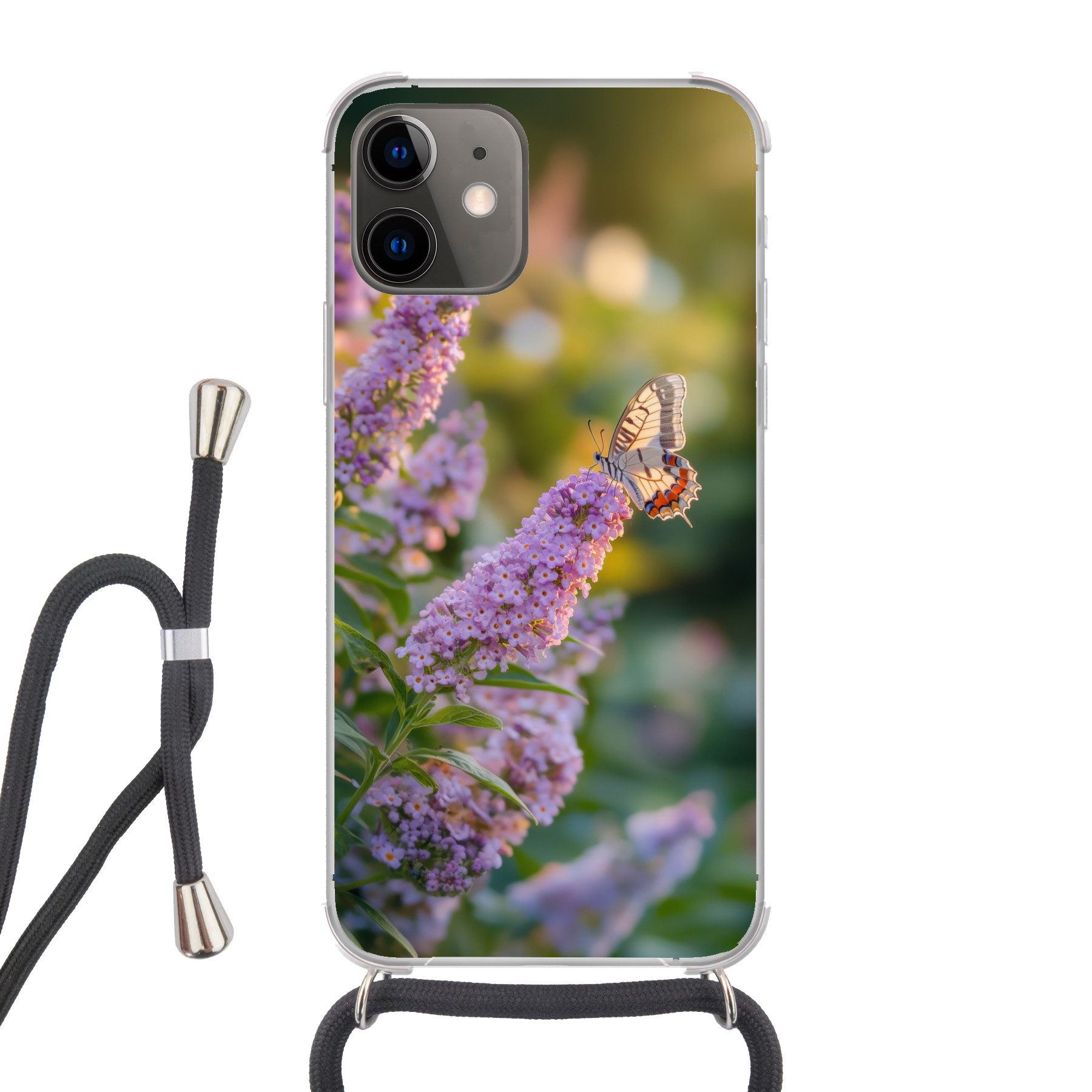 MuchoWow Handyhülle für Apple iPhone 12 Mini Verschnörkelt - Schmetterling - Lila - Blumen, Tragbare Handyhüllen mit Kette zum umhängen, Handykette Handyband
