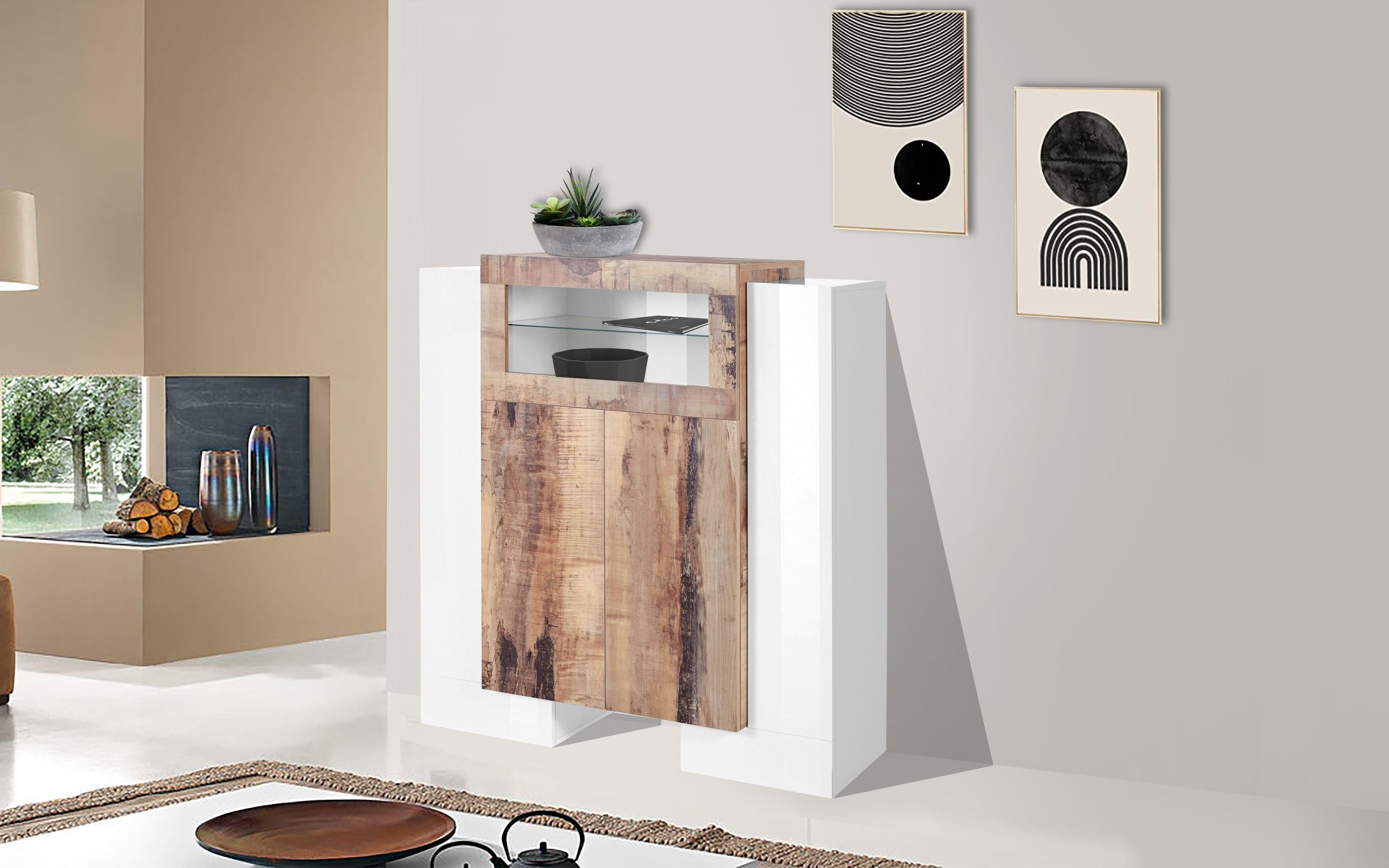 möbelando Highboard Pinerolo, Modernes Highboard aus Spanplatte in Weiß-Hochglanz, Absetzung in Ahorn Nachbildung mit 1 Klappe, 4 Holztüren, 1 Glasboden und 8 Ablageböden. Breite 130 cm, Höhe 135 cm, Tiefe 45 cm