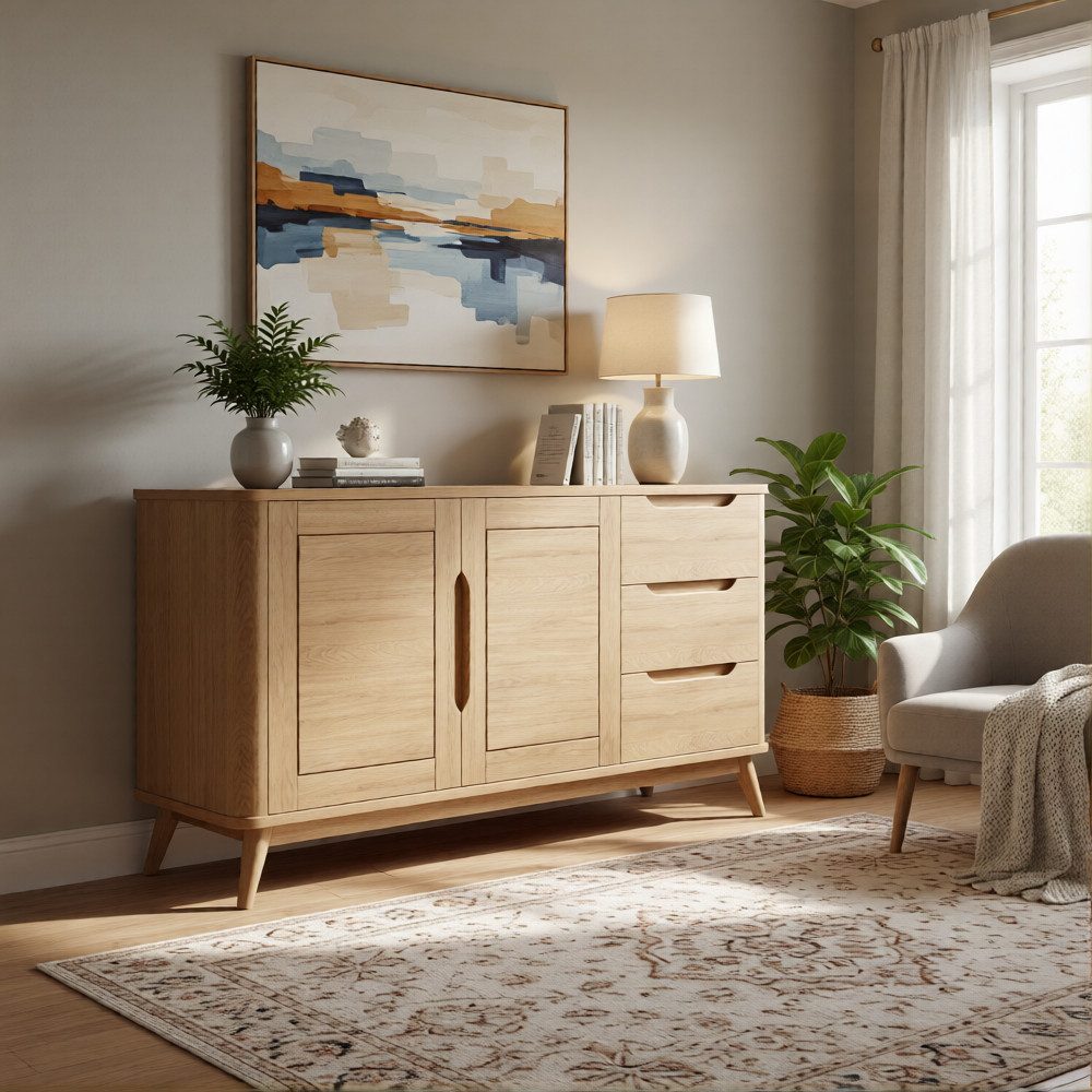 Woodek Design Sideboard Nora, Kommode 3+2 Schubladen, Eichenholz (Massivholz und hochwertiges Eichenfurnier, 1 St., matte Oberfläche), Breite: 150 cm, Tiefe: 45 cm, Höhe: 80 cm