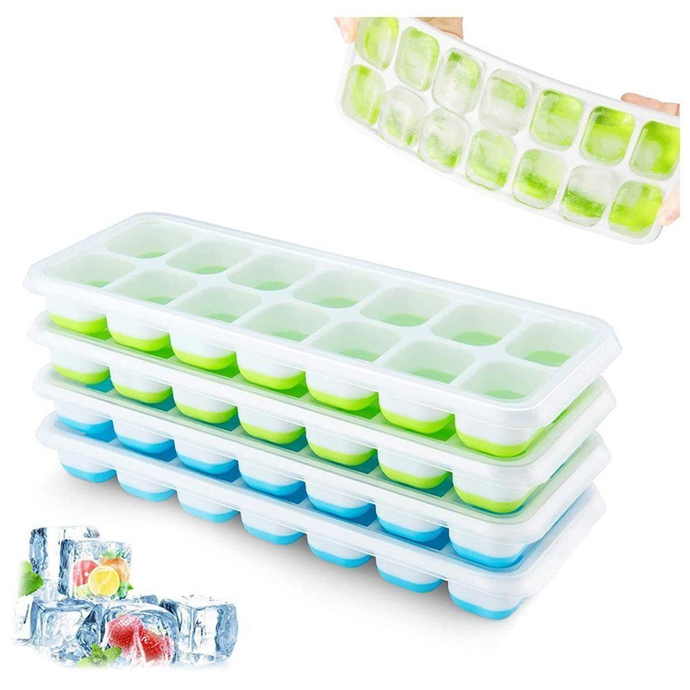 TUABUR Eiswürfelform 4 Eiswürfelbehälter, Silikon mit Deckel, quadratisch, blau/grün, (4-tlg)