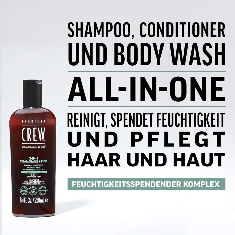 American Crew Haarshampoo 3-in-1 Kamille & Kiefer Shampoo, Conditioner & Body Wash 250 ml, All-in-One Männerpflege
