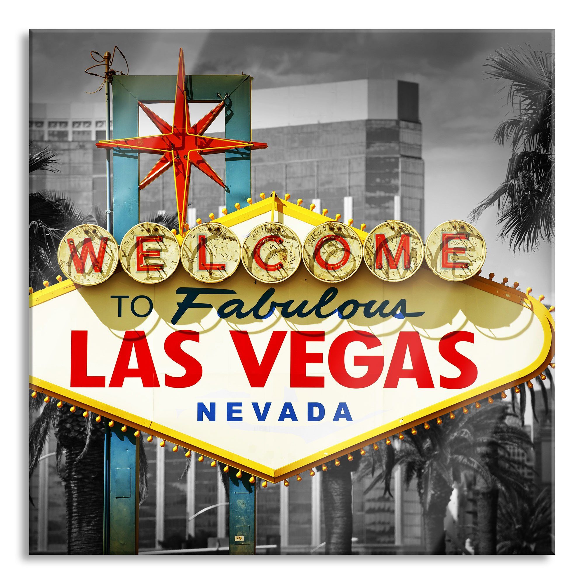 und Ortseingangsschild Pixxprint Las Glasbild inkl. aus St), Las Abstandshalter Vegas Aufhängungen Glasbild Ortseingangsschild Echtglas, (1 Vegas,
