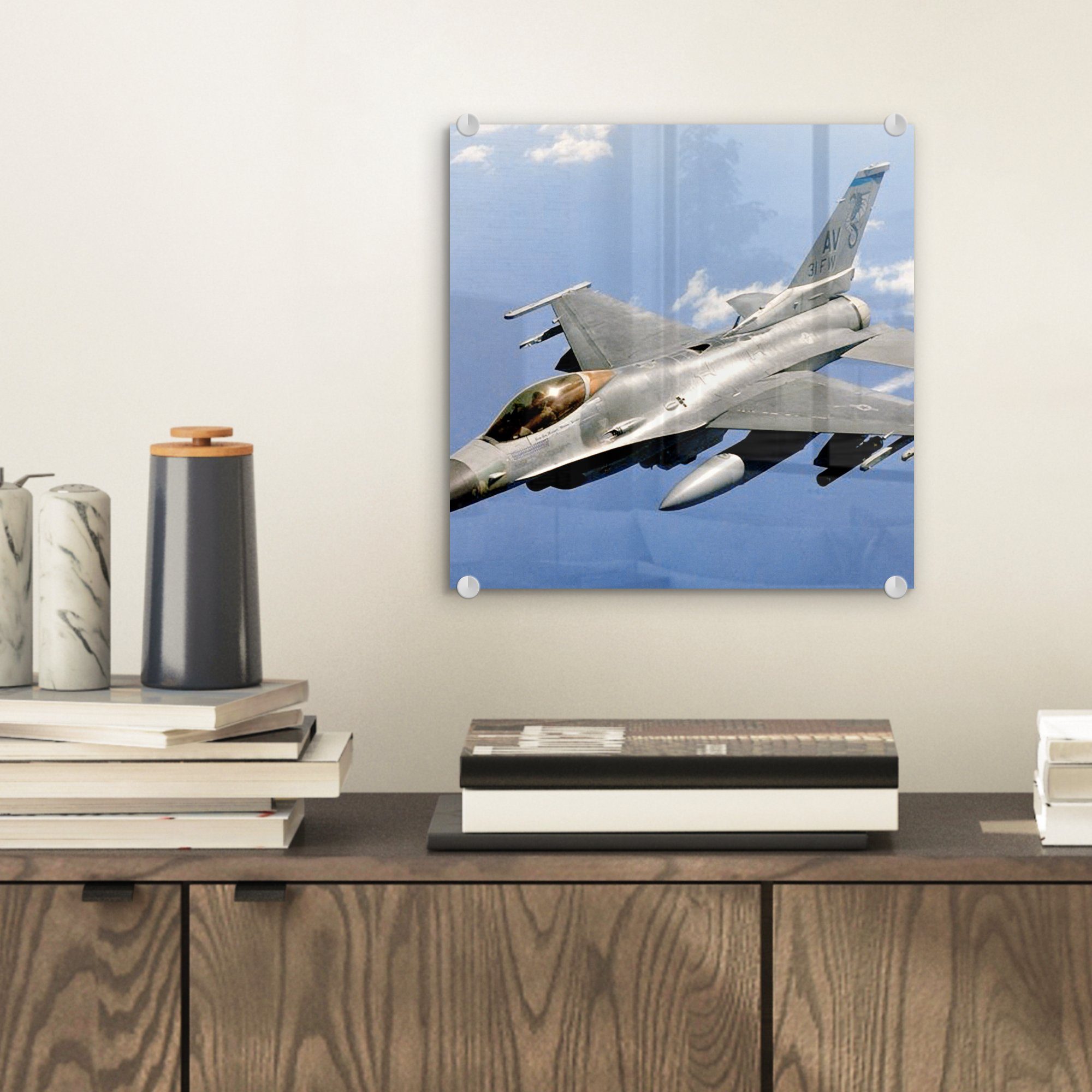 MuchoWow auf Das (1 Fighting - - Acrylglasbild St), F-16 Wanddekoration Bilder Wandbild Kampfflugzeug - Foto Glas Falcon, auf Glasbilder Glas