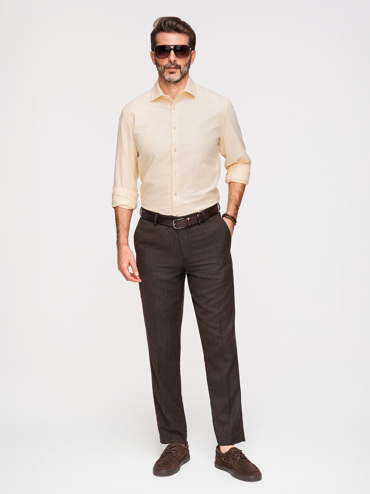 OMBRE Langarmhemd Herren Oxford Langarmhemd Regular Fit Light yellow M (kein Set, 1-tlg) Melange-Oberfläche
