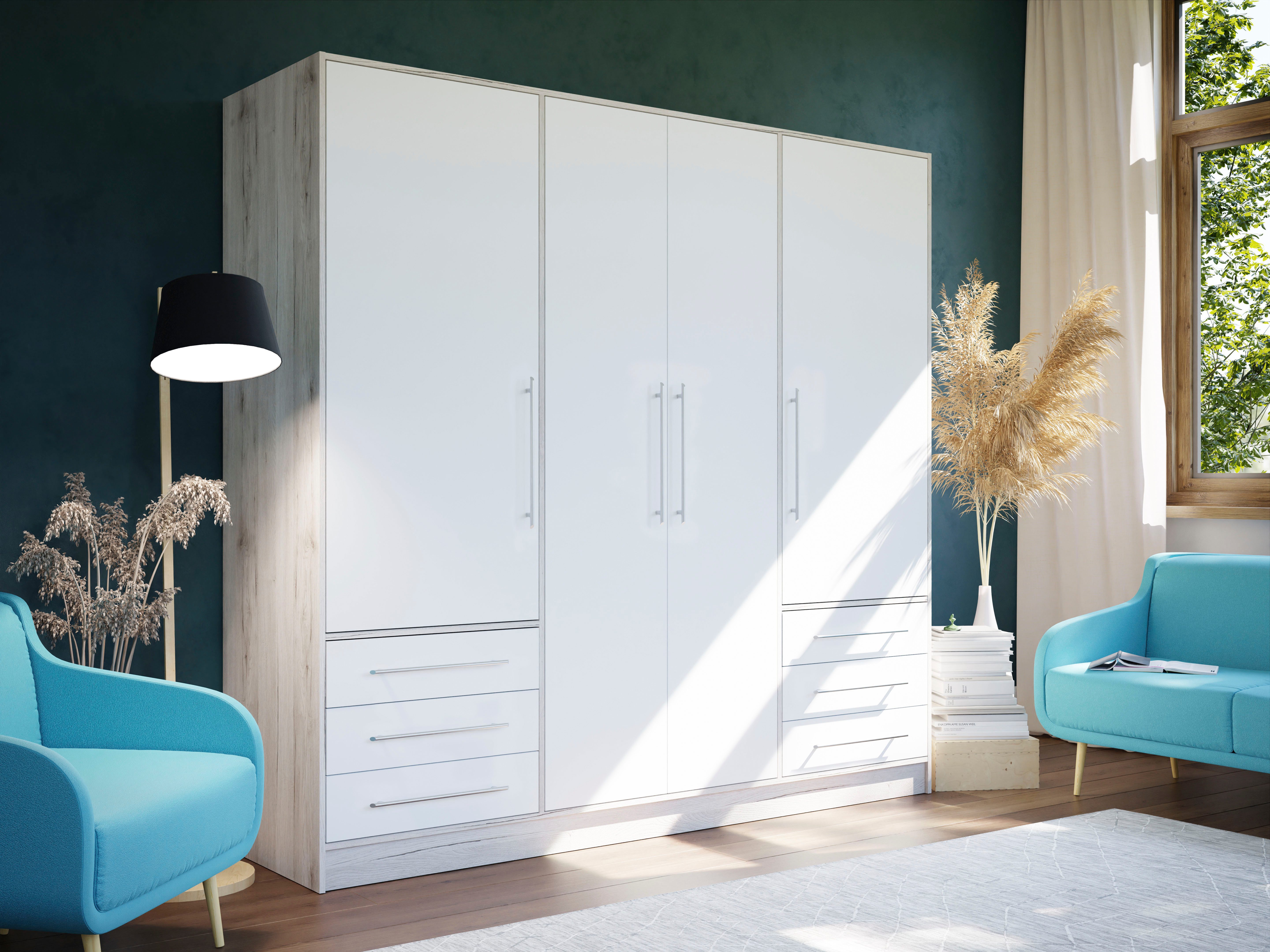 FORTE Kleiderschrank Jupiter, Made in Europe, mit 6 Schubladen, Stauraum (Maße B/H/T ca. 207/200 cm/60) Stauraum, 2 Breiten, 4 Farben, Schubladen, variable Einlegeböden
