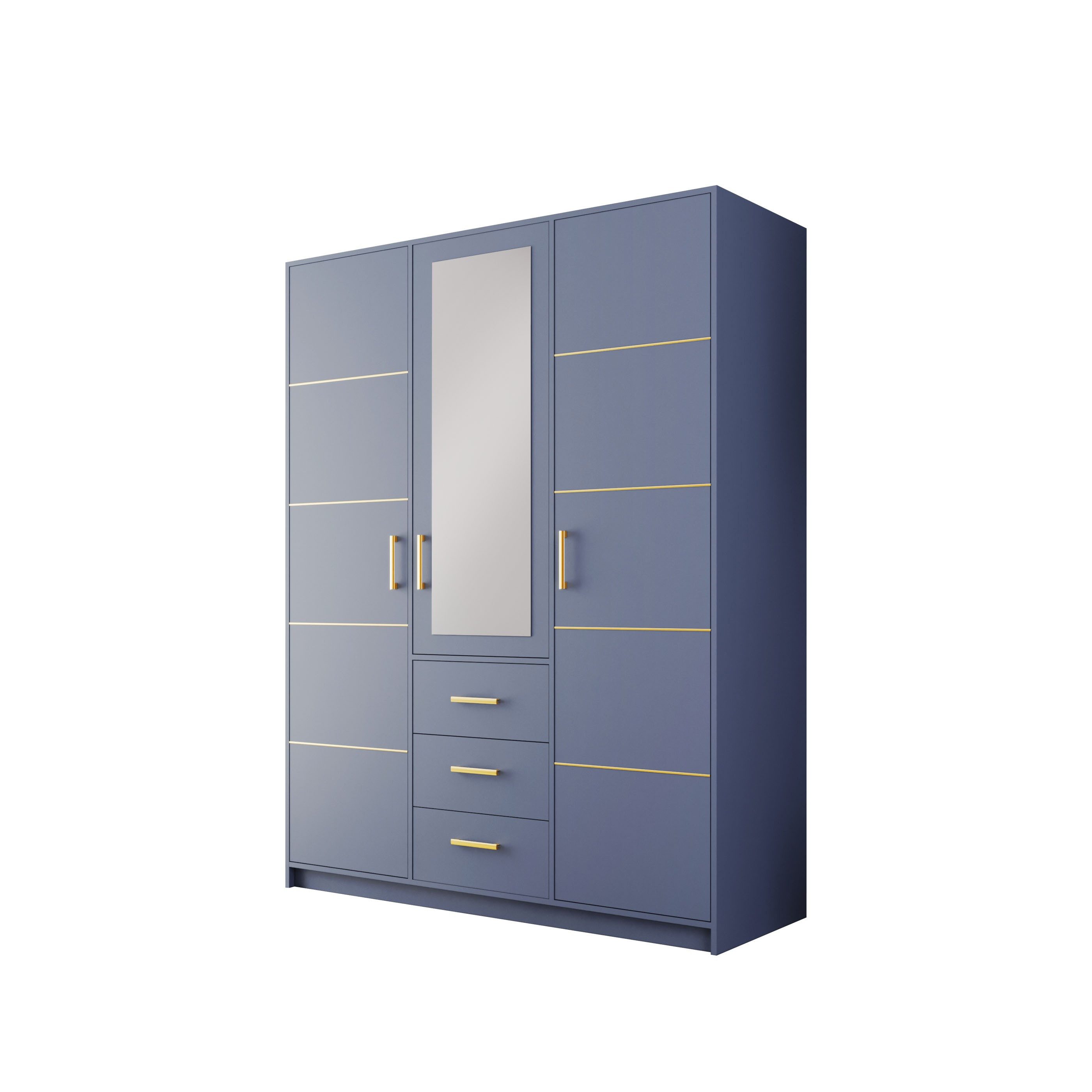 Masseno Drehtürenschrank ELISE 147 cm Kleiderschrank mit Spiegel 3 Türen und 3 Schubladen Blau