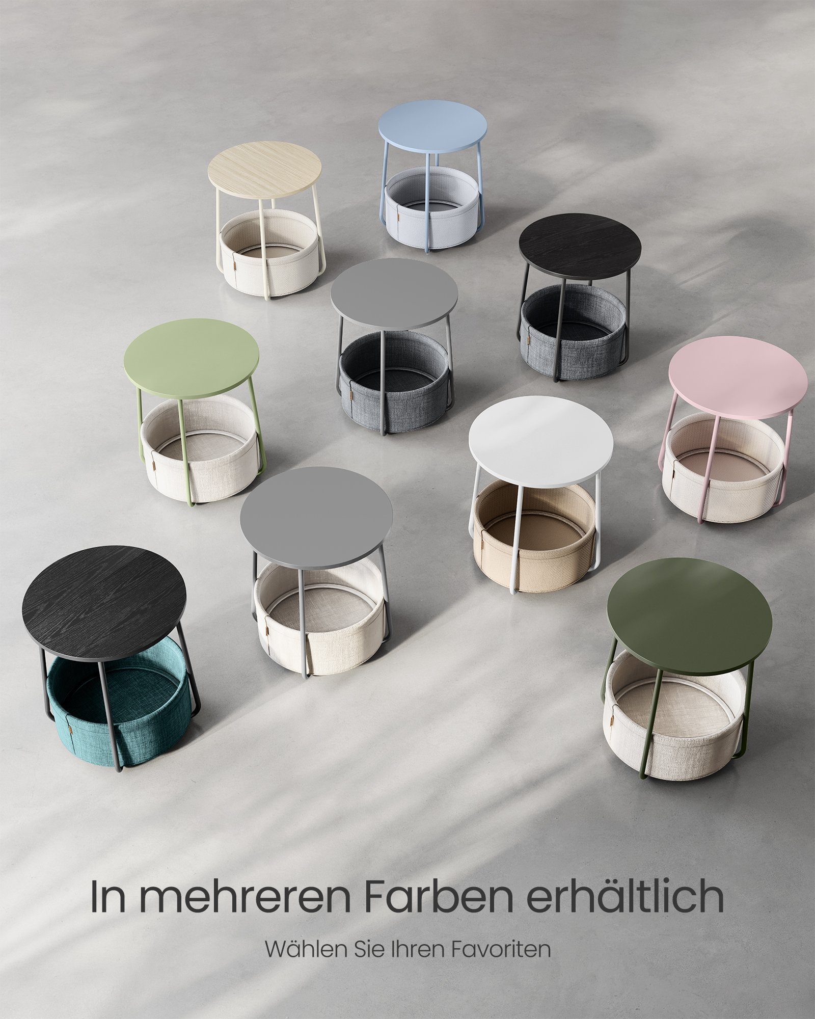 VASAGLE Beistelltisch, rund, Couchtisch, mit Korb aus Stoff, Ø45 cm, modern