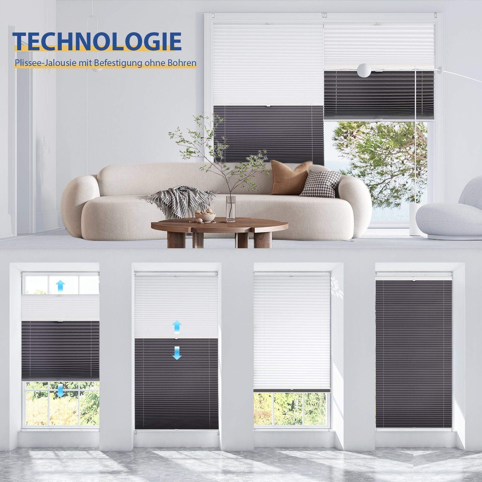 Sekey Plissee Day+Night Doppelplissee Verdunkelung ohne Bohren verspannt Lichtschutz, ohne Bohren, Klemmfix, Lichtdurchlässig und 100% verdunkelnd – Verdunkelung frei umschaltbar