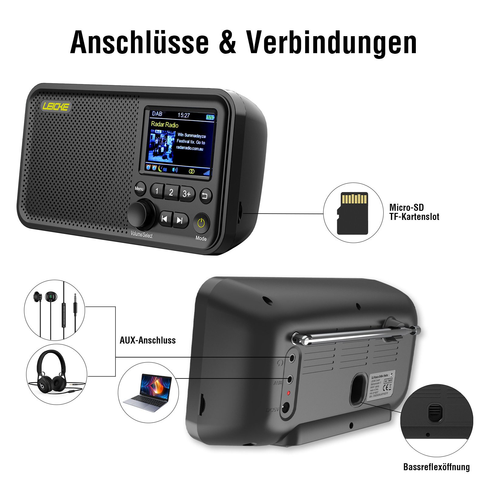 Leicke Tragbares DAB+ Radio DAB+ und UKW Radio, Küchenradio, 2,4" Farbdisplay Radio (5 W, 80 Voreinstellungen, MicroSD/TF/AUX Anschluss, Alarmfunktionen)