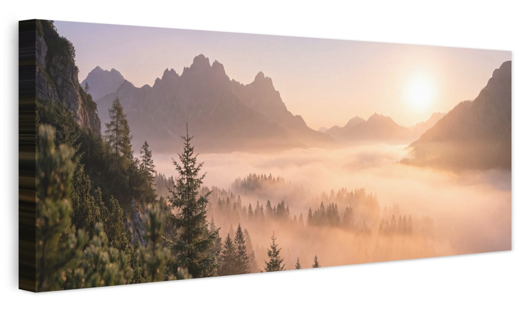 OneMillionCanvasses® Leinwandbild Panorama Sonnenlicht - Nebel - Berge - Bäume, Fotodruck (1 St), Wandbild, Deko Schlafzimmer Wohnzimmer …
