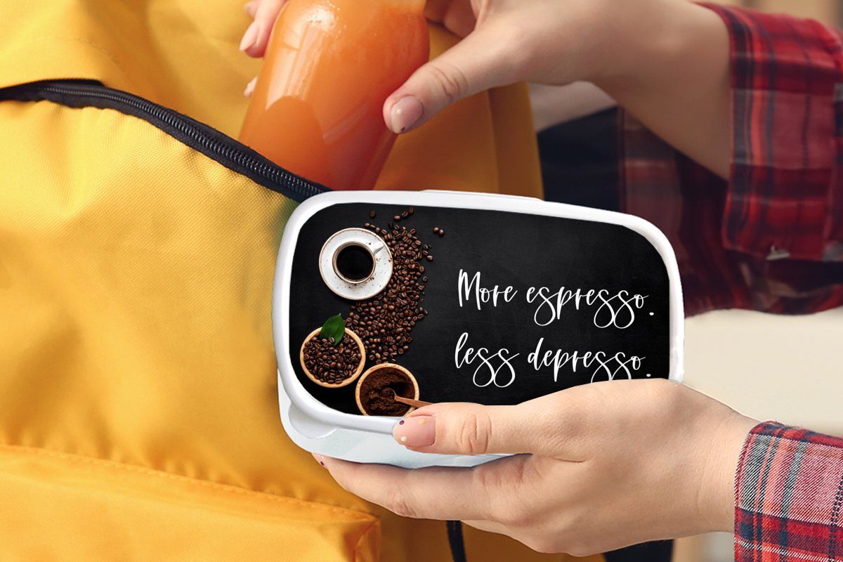 Erwachsene, Mädchen Mehr (2-tlg), MuchoWow Zitate und Lunchbox Kinder Espresso Brotbox Kaffee Depresso für für Kunststoff, - weiß und weniger Jungs - Brotdose, Sprichwörter, -