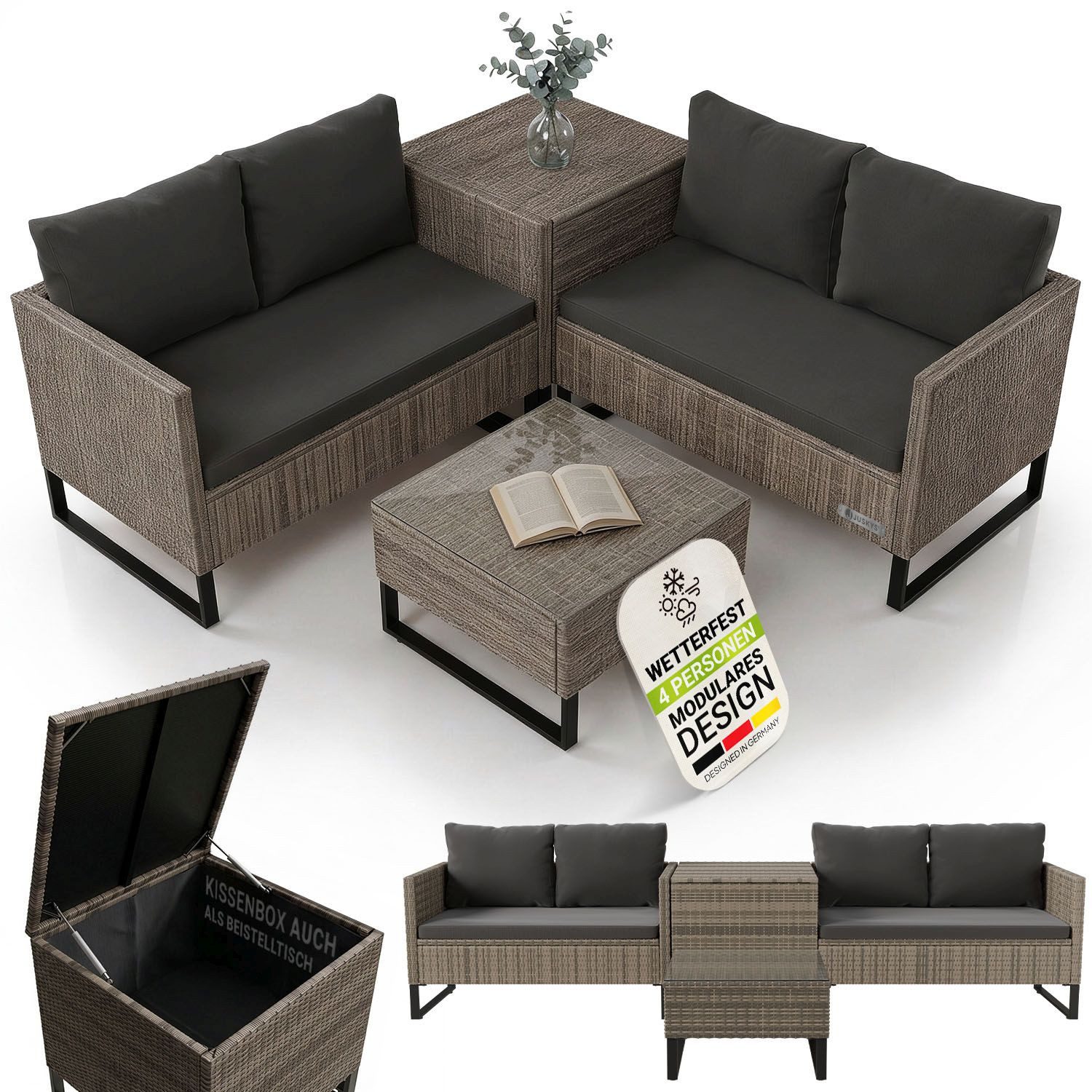 Juskys Gartenlounge-Set Santorini, (4-tlg), Polyrattan Sitzgruppe mit Beistelltisch & Auflagenbox, wetterfest