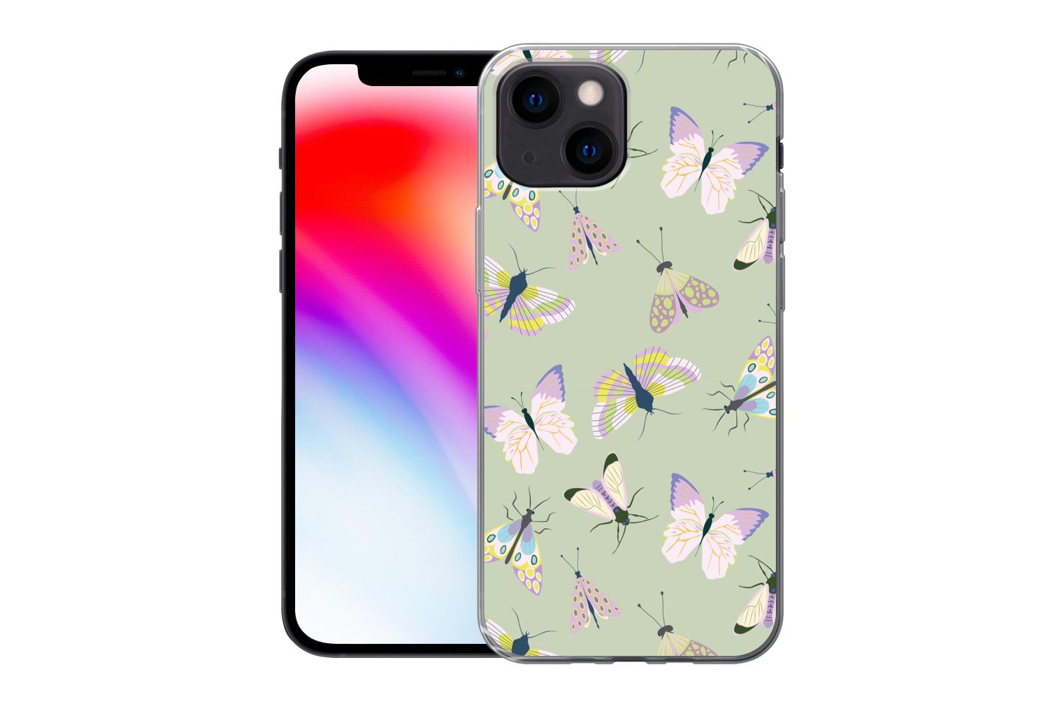MuchoWow Handyhülle für Apple iPhone 13 mini Schmetterlinge - Insekten - Grün - Farbenfroh, Smartphone-Bumper, Print, Handy Schutzhülle Dünn