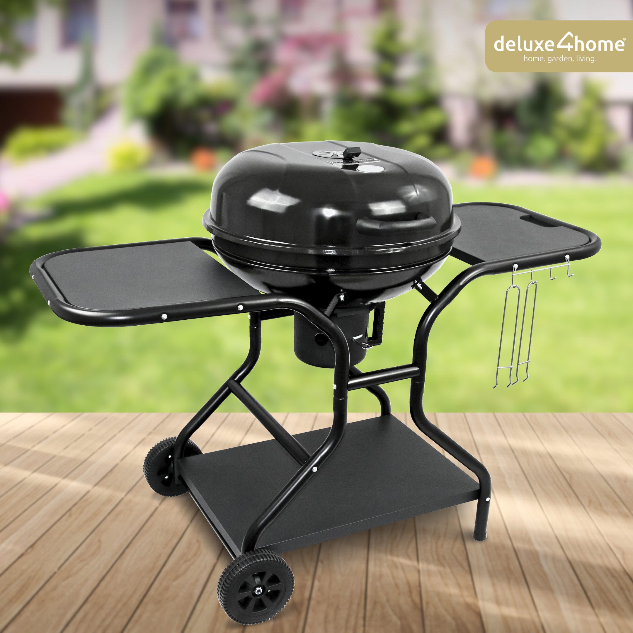 deluxe4home Holzkohlegrill Grillwagen Kugelgrill Ø55 cm I Großer Rollbarer BBQ Grill Kohlegrill, inkl. Ablagen, Grillhandschuh, Aschebehälter, Thermometer