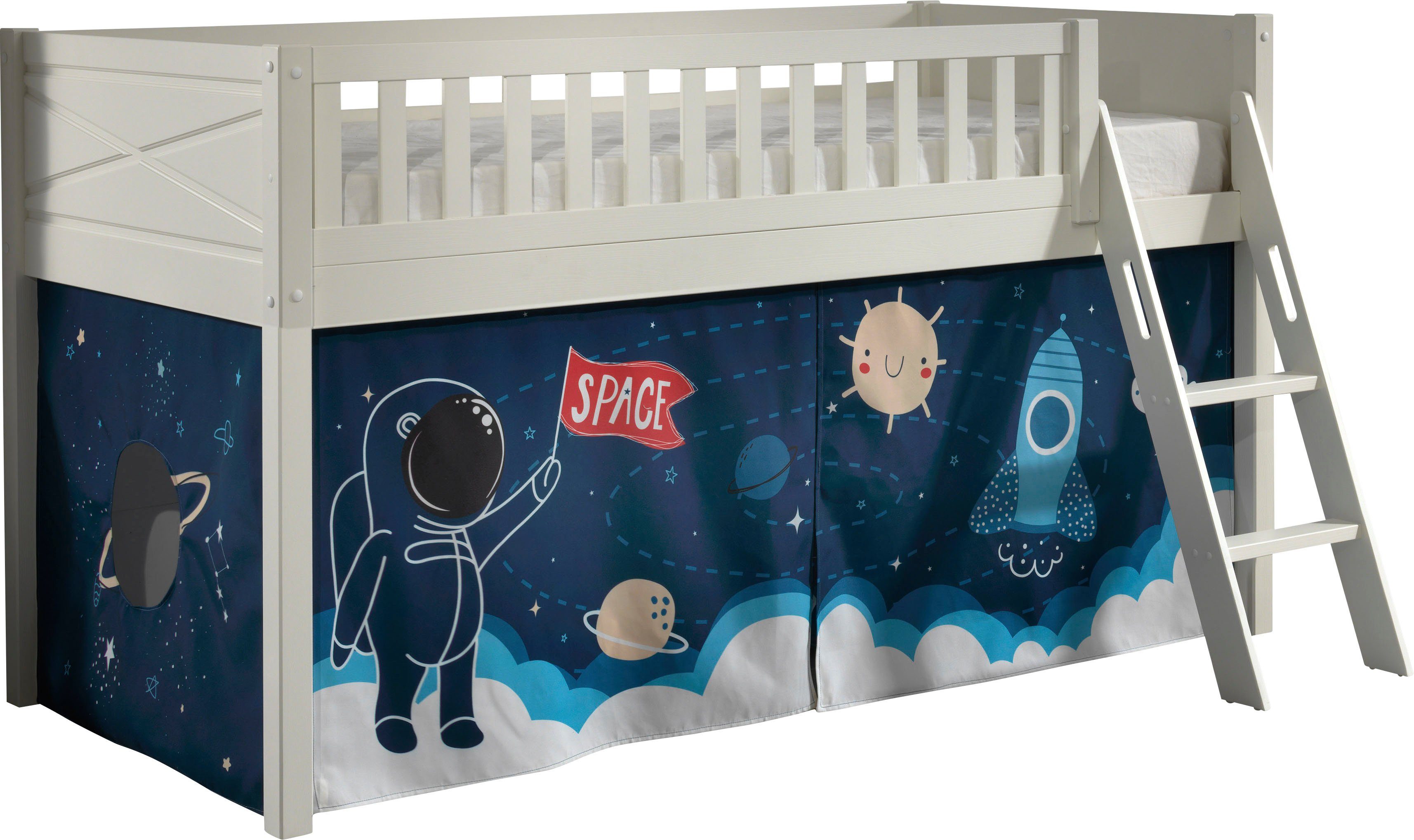 Vipack Hochbett Scott (Made in Europe) mit schräger Leiter, LF 90x200 cm, Vorhang, Tunnel, 7 Designs