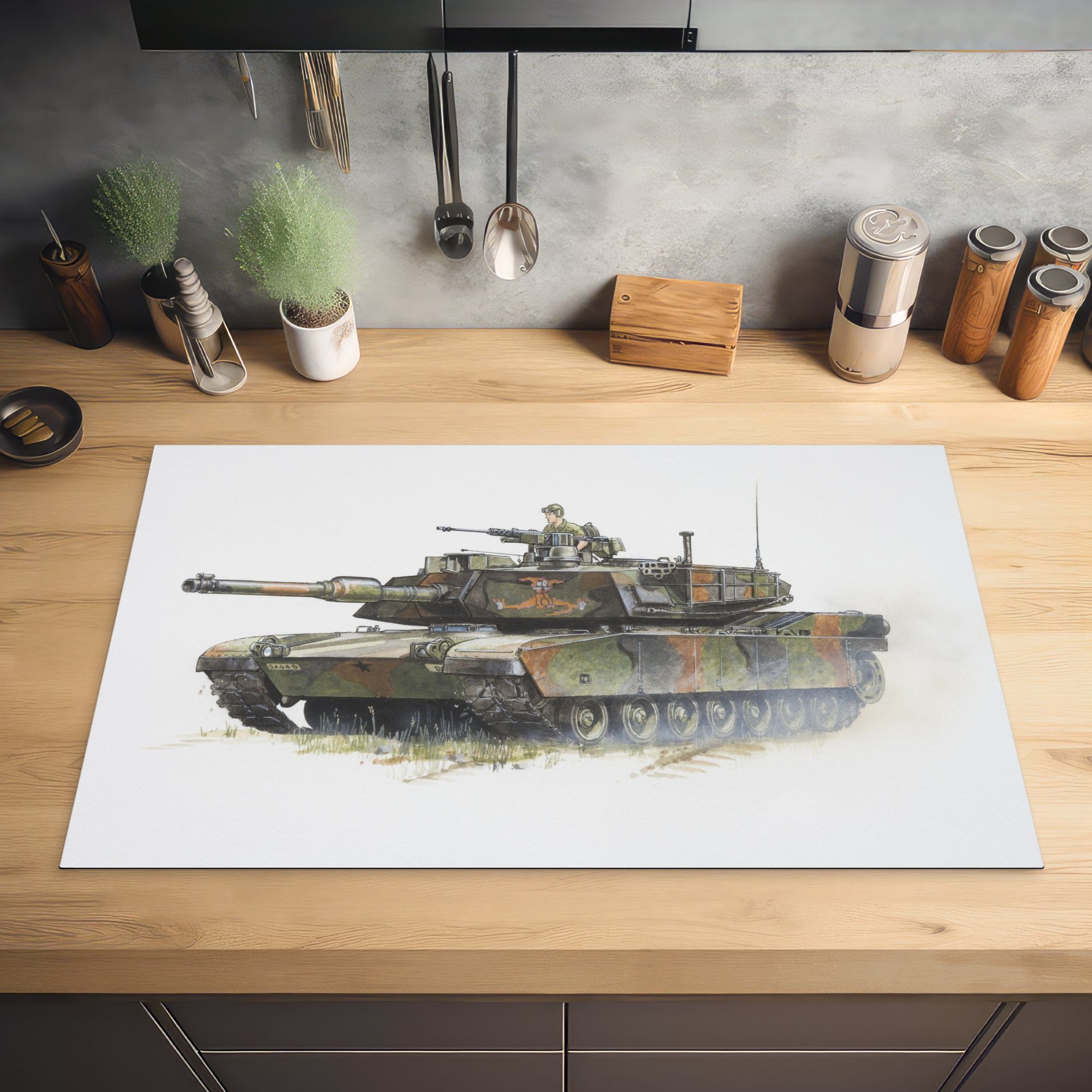 MuchoWow Herdblende-/Abdeckplatte Eine Illustration eines 83x51 cm, küche amerikanischen (1 Panzers tlg), Vinyl, Ceranfeldabdeckung, Arbeitsplatte für Armee, der