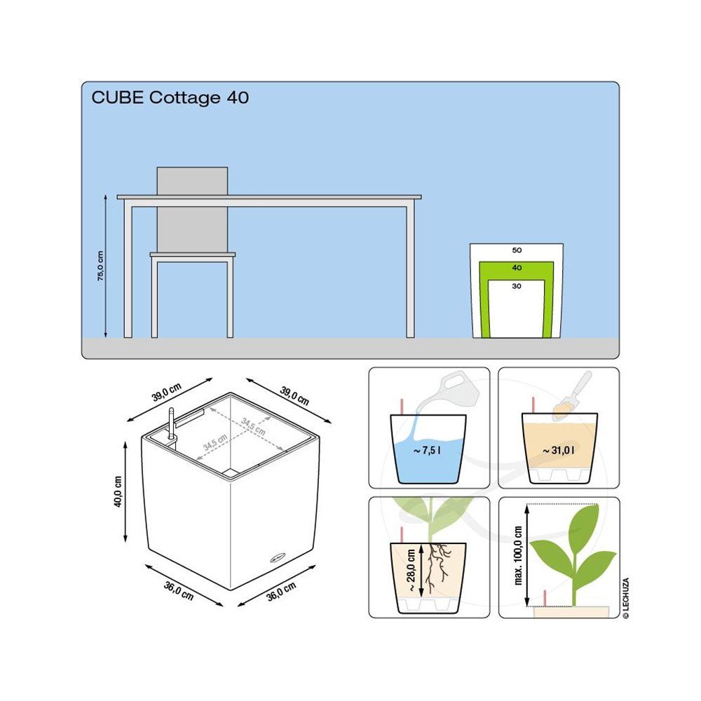 Cube St) lichtgrau mit Lechuza® (1 Pflanzkübel Cottage 40 Wasserspeicher