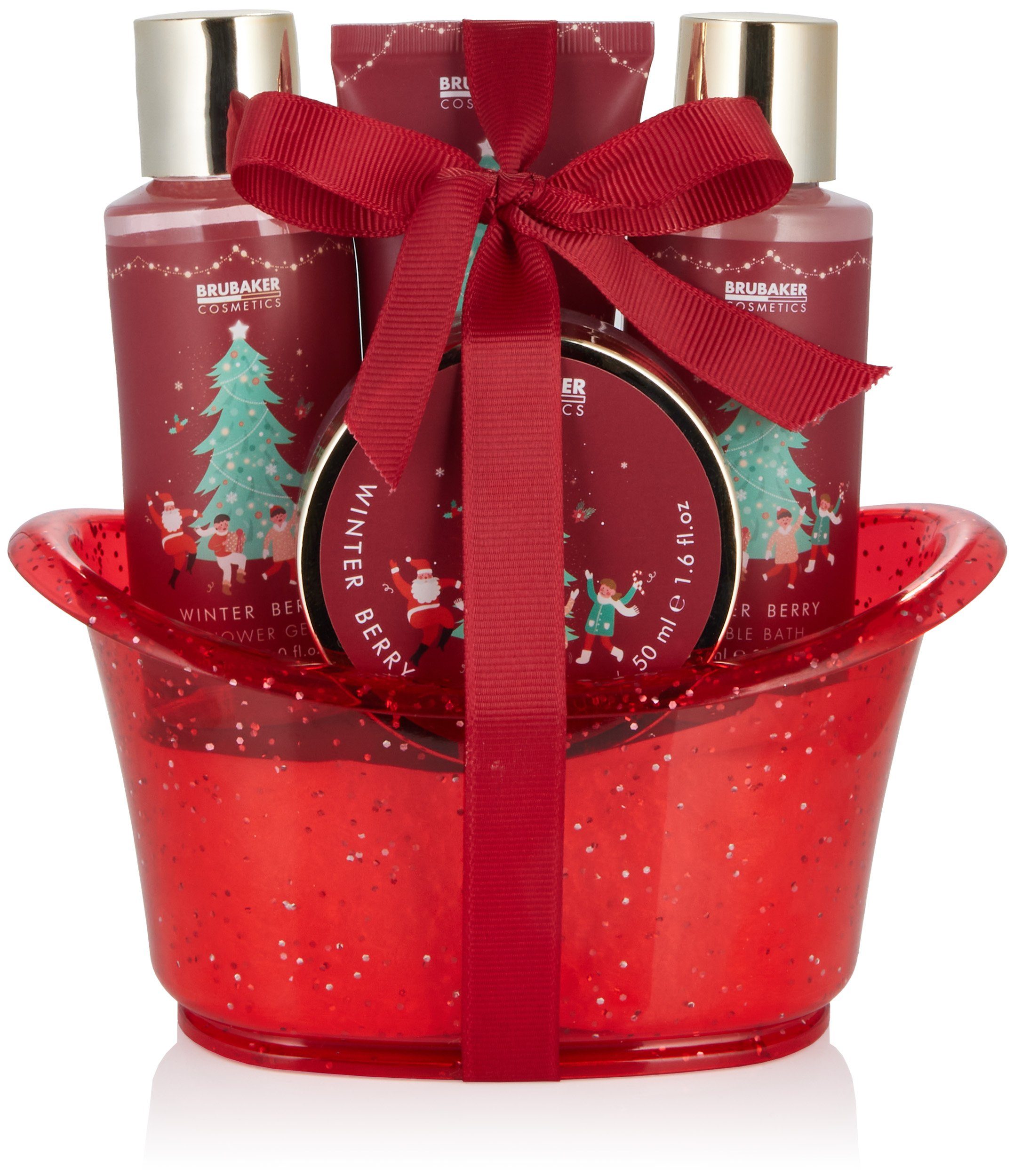 BRUBAKER Hautreinigungs-Set Dusch- und Badeset mit Winter Beeren Duft, 5-tlg., Frauen Geschenkset Weihnachten in Deko Wanne, Beauty Wellness Pflegeset Merry Christmas, Rot