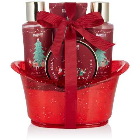 BRUBAKER Hautreinigungs-Set Dusch- und Badeset mit Winter Beeren Duft, 5-tlg., Frauen Geschenkset Weihnachten in Deko Wanne, Beauty Wellness Pflegeset Merry Christmas, Rot