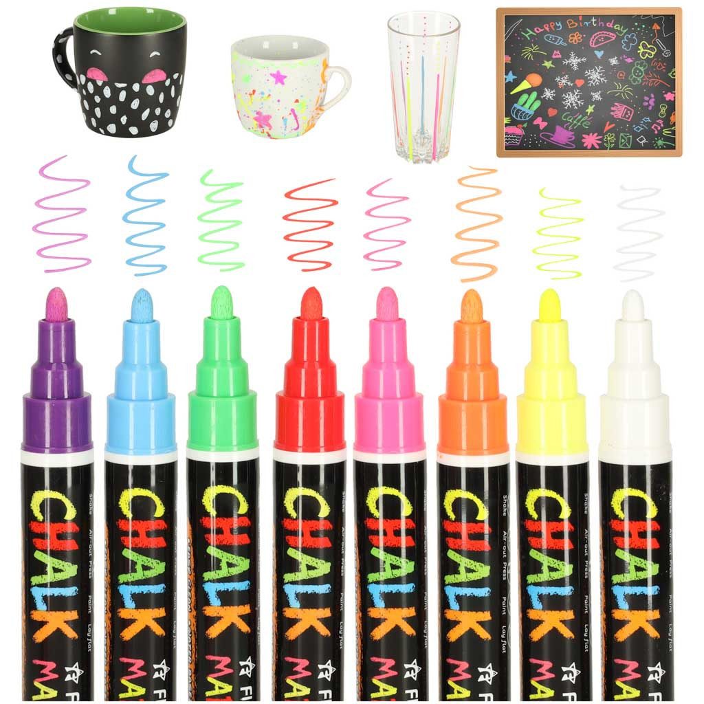 Ikonka Kreidemarker Kreidemarker Set 8 Farben für Glas Tafeln Spiegel abwischbar, (Kreidemarker Set für Glas Tafeln Spiegel Whiteboard abwischbar 8-teilig, 8-tlg., 8-teiliges Kreidemarker Set abgerundeter Spitze für Glas Tafel), abwischbare Kreidetinte wasserbasierte Tinte Kräftige Farben