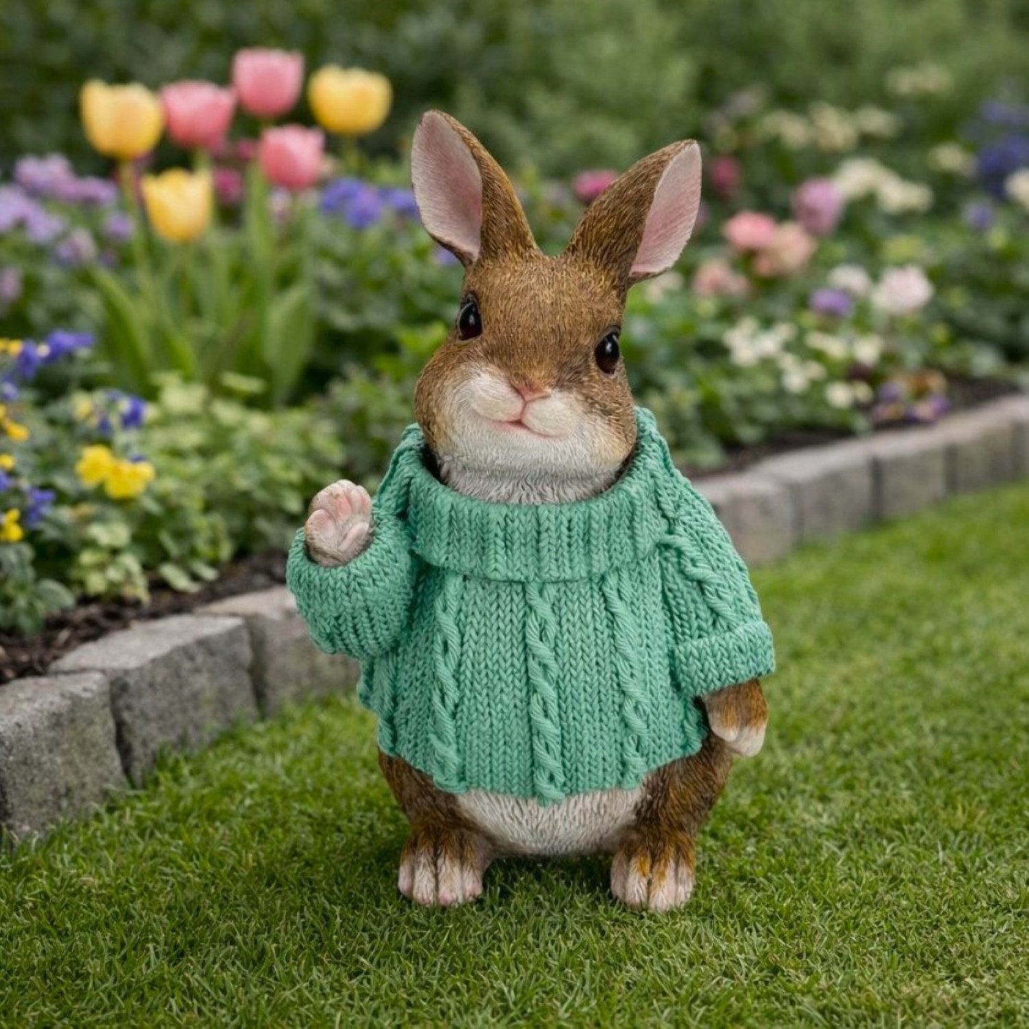 Online-Fuchs Gartenfigur süßer Hase im Pulli für außen - Deko Figuren Frühling, Sommer, (23 cm), aus langlebigem Kunstharz gefertigt, wetterfest - 23 cm groß