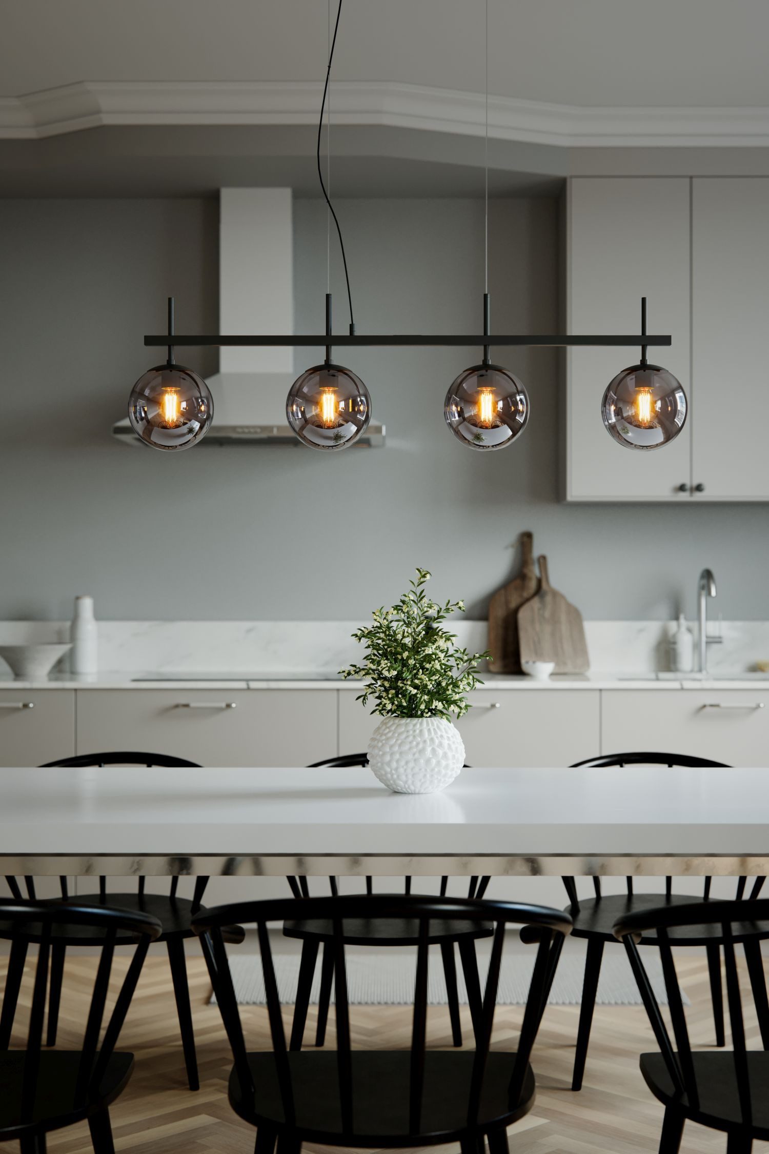 Licht-Erlebnisse Pendelleuchte LOKE, ohne Leuchtmittel, L: 117 cm H: max. 140 cm verstellbar 4x E27 Kugel Schirm Rauchglas