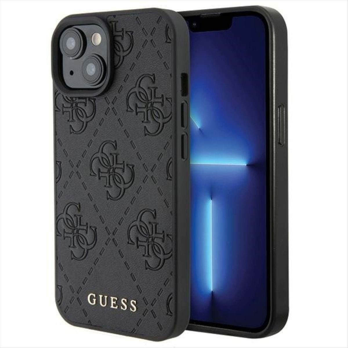 Guess Smartphone-Hülle Guess Apple iPhone 15 Schutzhülle Case Leather 4G Stamped Schwarz