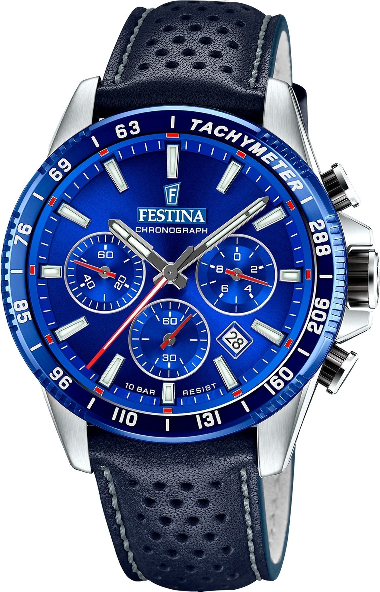 Festina Quarzuhr Festina Herrenuhr Timeless Chronograph, (Analoguhr), Herren Armbanduhr rund, Lederarmband dunkelblau, Elegant