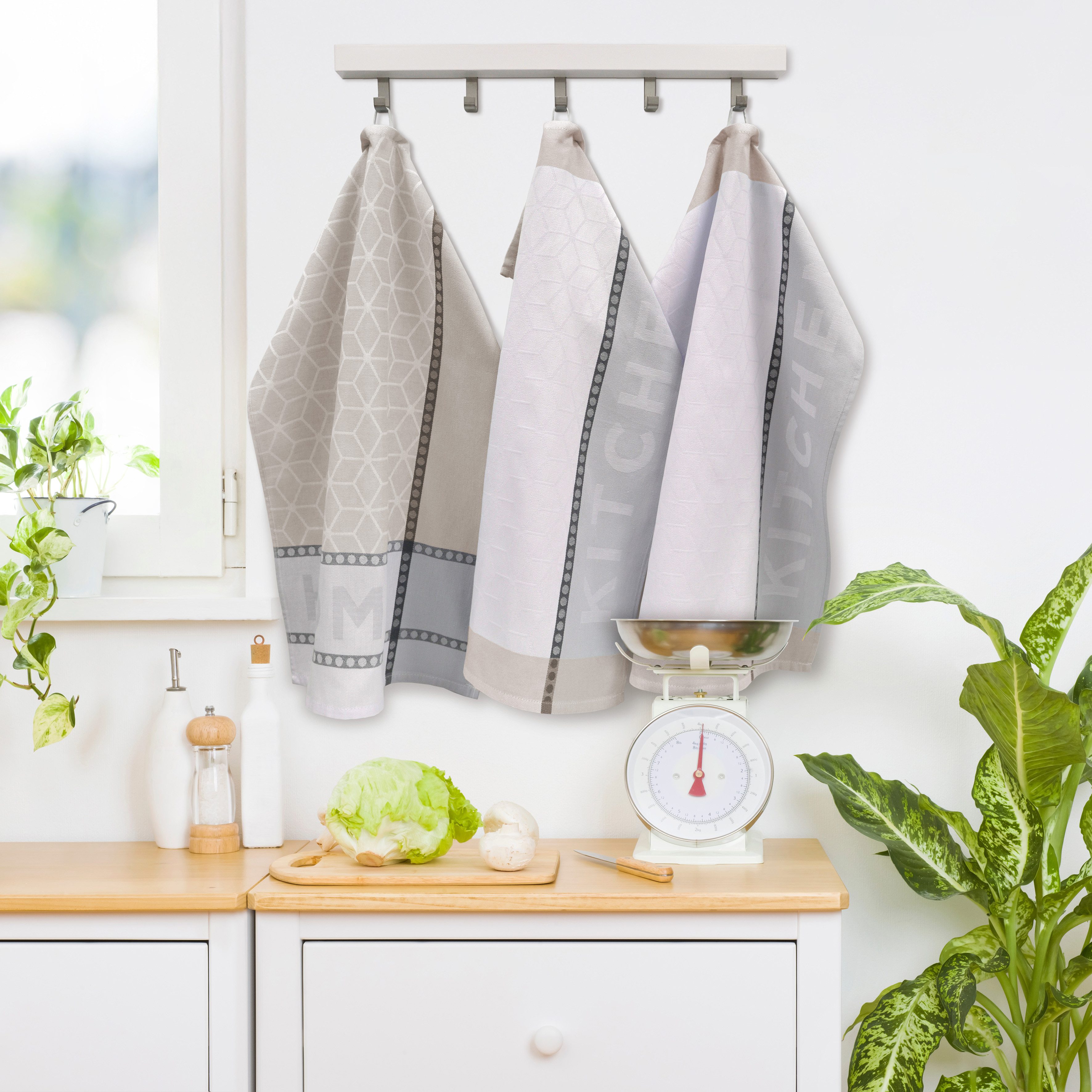 Dyckhoff Geschirrtuch HOME & KITCHEN, Maße je Tuch ca. 50x70 cm, aus 100% Baumwolle, (Set, 3-tlg), mit zwei verschiedenen Motiven