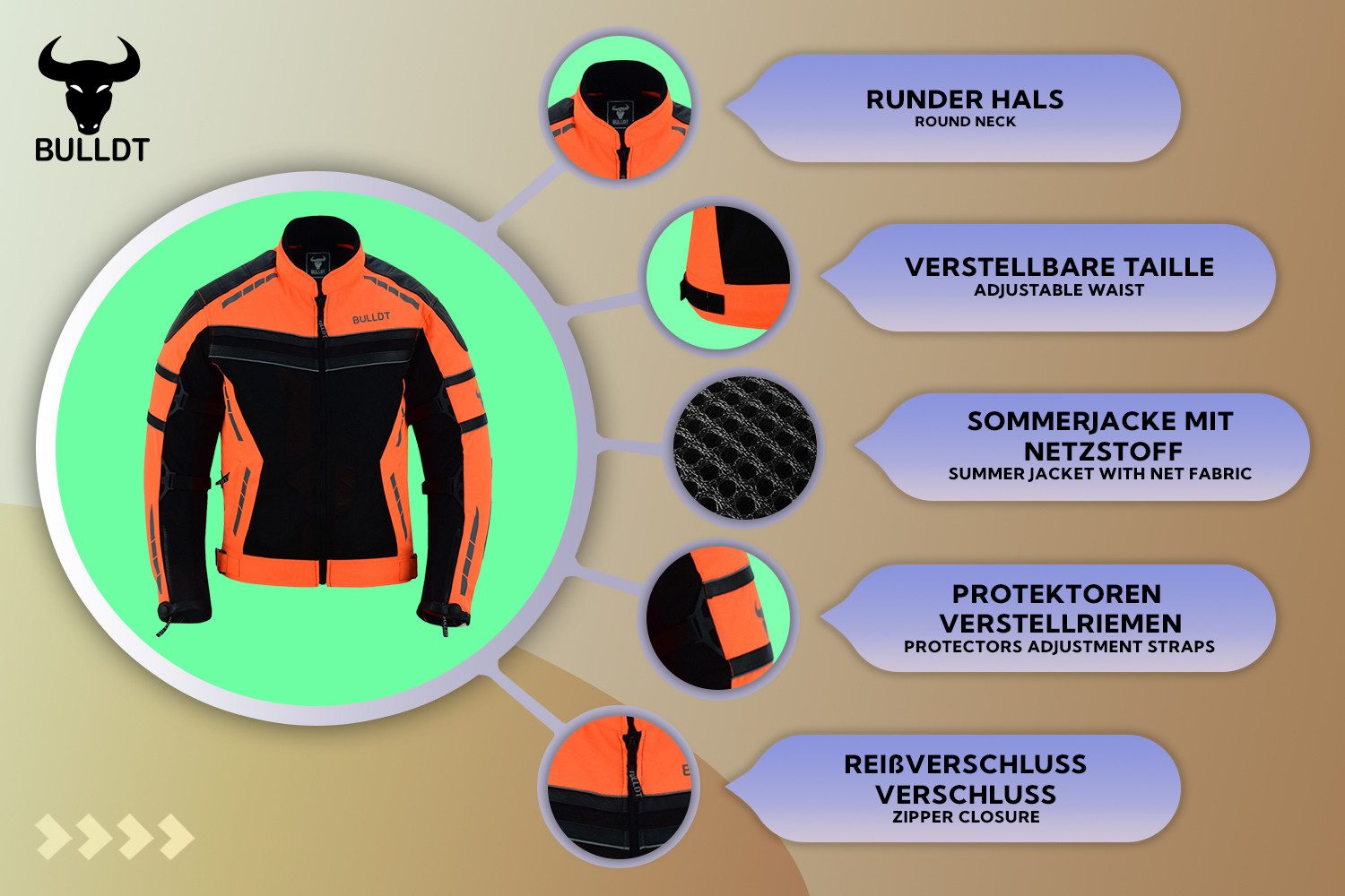 BULLDT Motorradjacke BLD323J (mit abnehmbare 4 Stück Protektoren) Sommer Jacke mit Mesh-Netz 360° Reflektoren & Zipper-Taschen