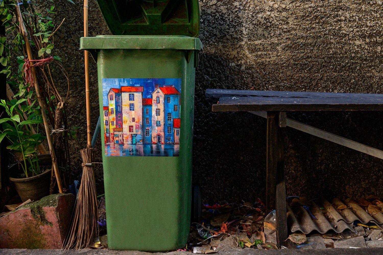 Ölfarbe Gemälde Sticker, - Mülltonne, (1 Mülleimer-aufkleber, Haus - Container, Abfalbehälter - MuchoWow Wandsticker St), Wasser