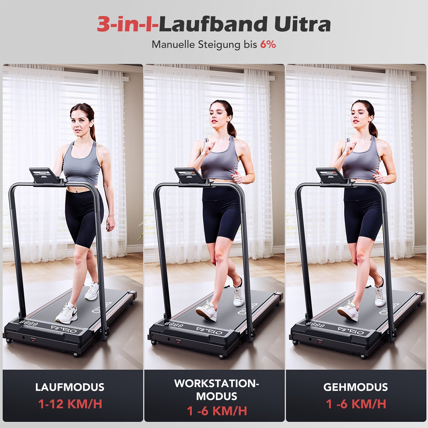 kehot Laufband Leises Laufband für Zuhause mit Steigung (Mit Toolkit, Schmiermittel, bis 6% Steigung), Klappbares Laufband bis12 km/h mit APP Walking Jogging Pad