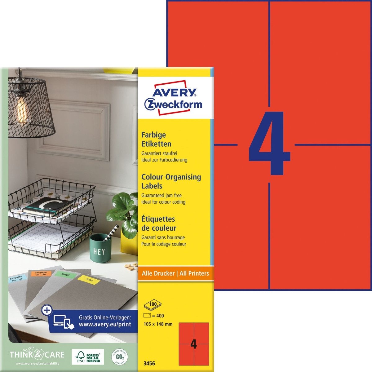 Avery Zweckform Etiketten Etiketten Inkjet/Laser/Kopier 105x48mm VE=400 Stück rot