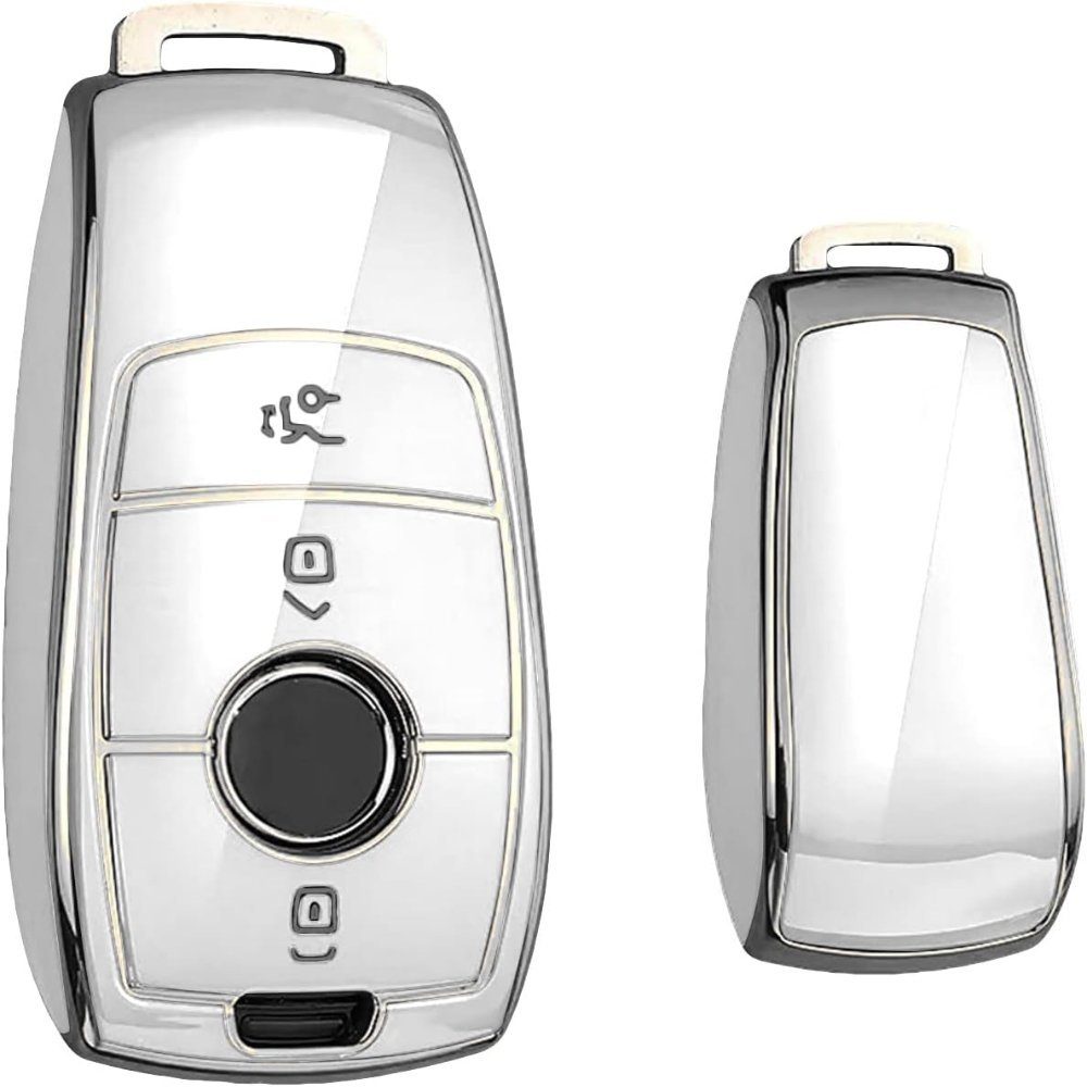 Keyscover Schlüsseltasche Autoschlüssel Hülle Tasche für Mercedes Benz, Schlüsselhülle Cover Weiss/Chrom