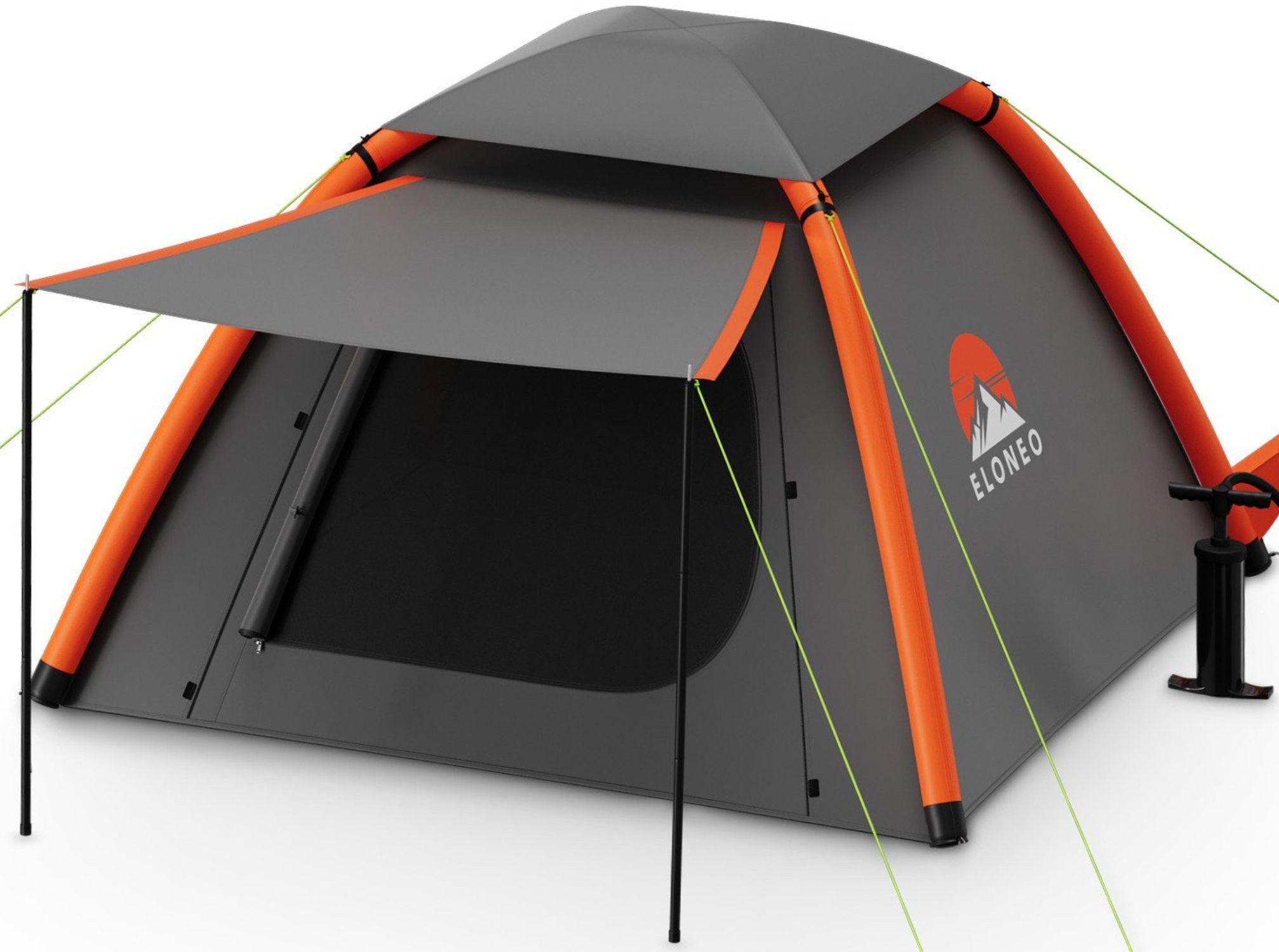 ELONEO aufblasbares Zelt mit Vordach & Luftpumpe, 1-4 Personen, Camping Zelt, Luftzelt, Personen: 4, Familienzelt, wasserdicht, ultraleicht, mit Outdoor Licht/LED Lampe