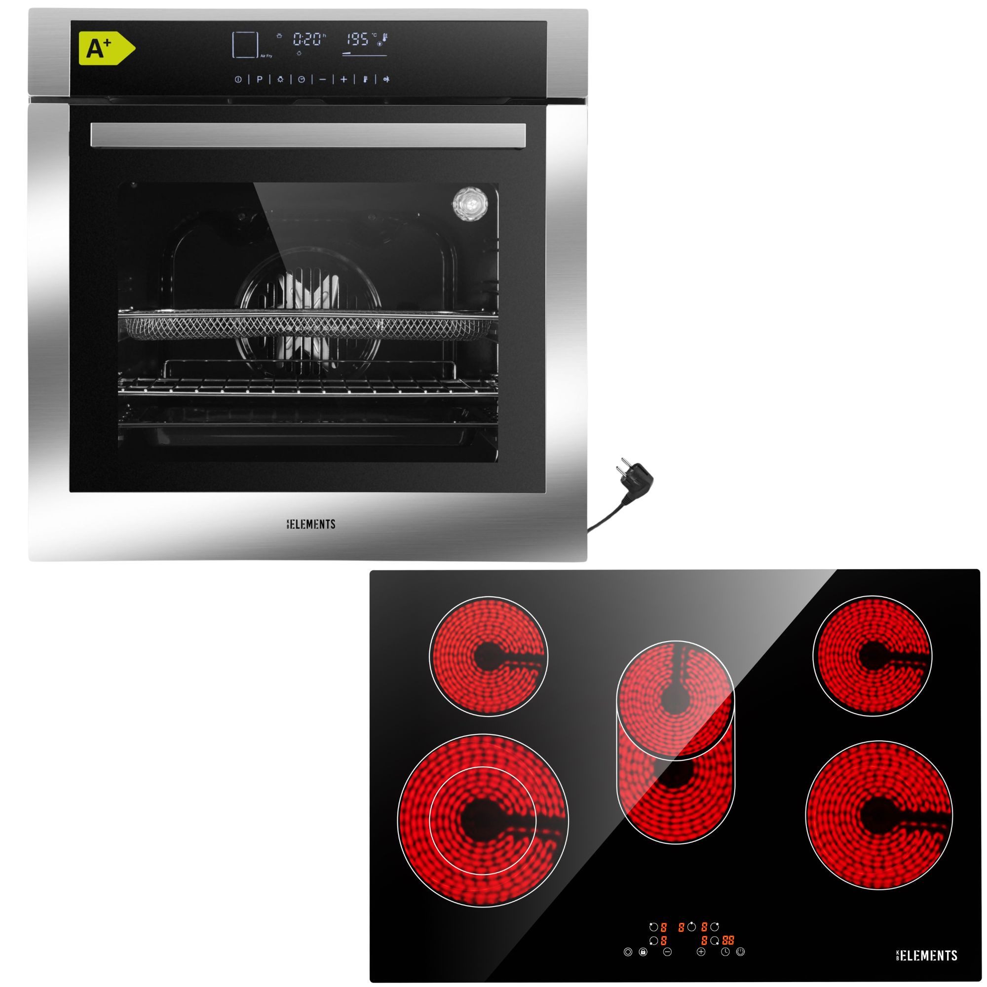 KB Elements Elektro-Herd-Set Einbaubackofen 60 cm mit 5-Zonen Glaskeramik Kochfeld 77 cm, mit 2-fach-Teleskopauszug, AQUA CLEAN, Einbaubackofen Full Touch mit 15 Funktionen, Air Fry Funktion