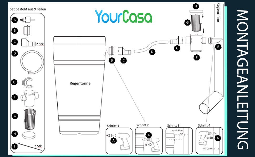 YourCasa Regentonnenfüllautomat Regensammler zum Verbinden von Fallrohr und Regentonne, 9 teiliges Set, Regenrinne 75-120 mm, einfache Montage